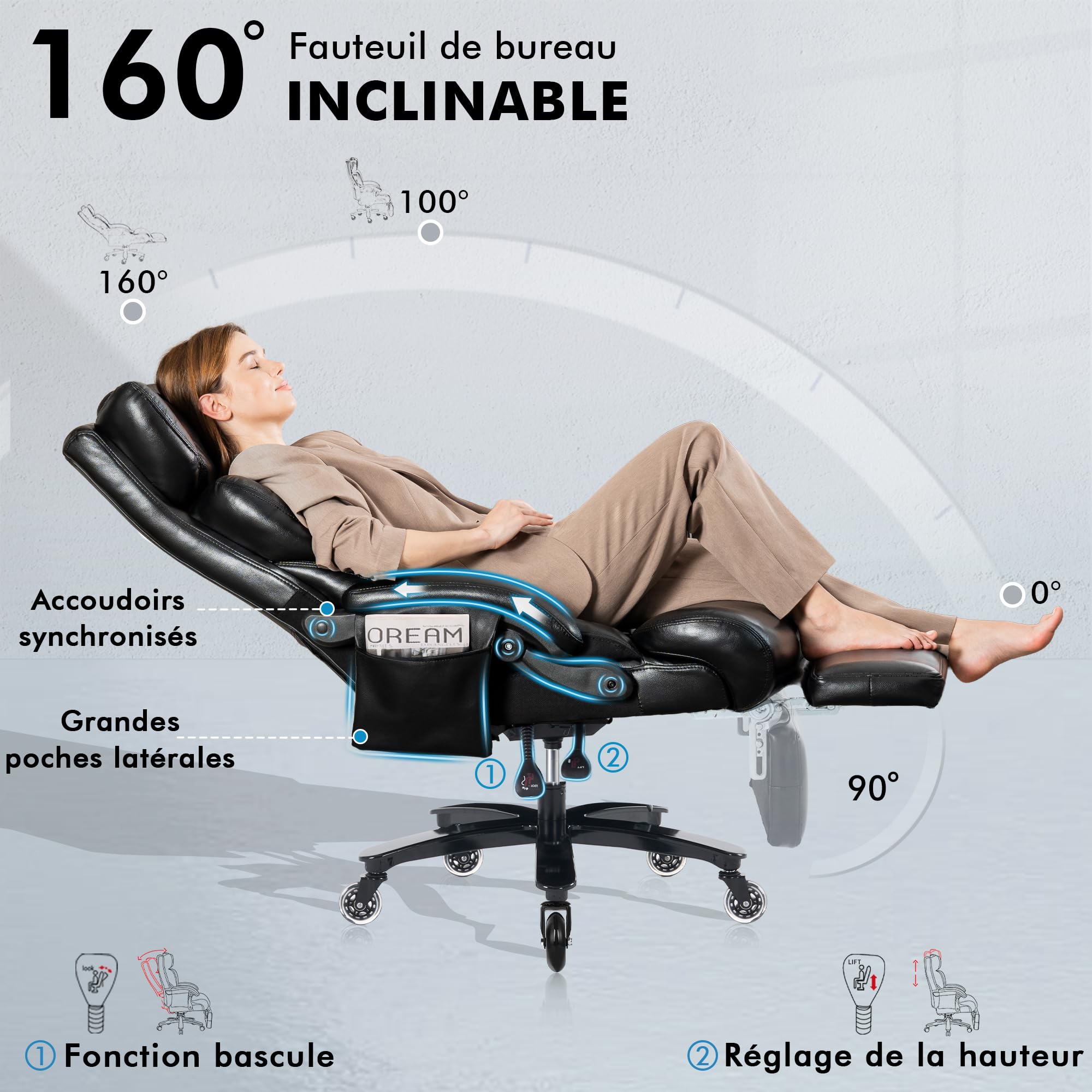 DEKKETO Chaise de Bureau Massante Chauffante, Ergonomique, Cuir PU, Noir