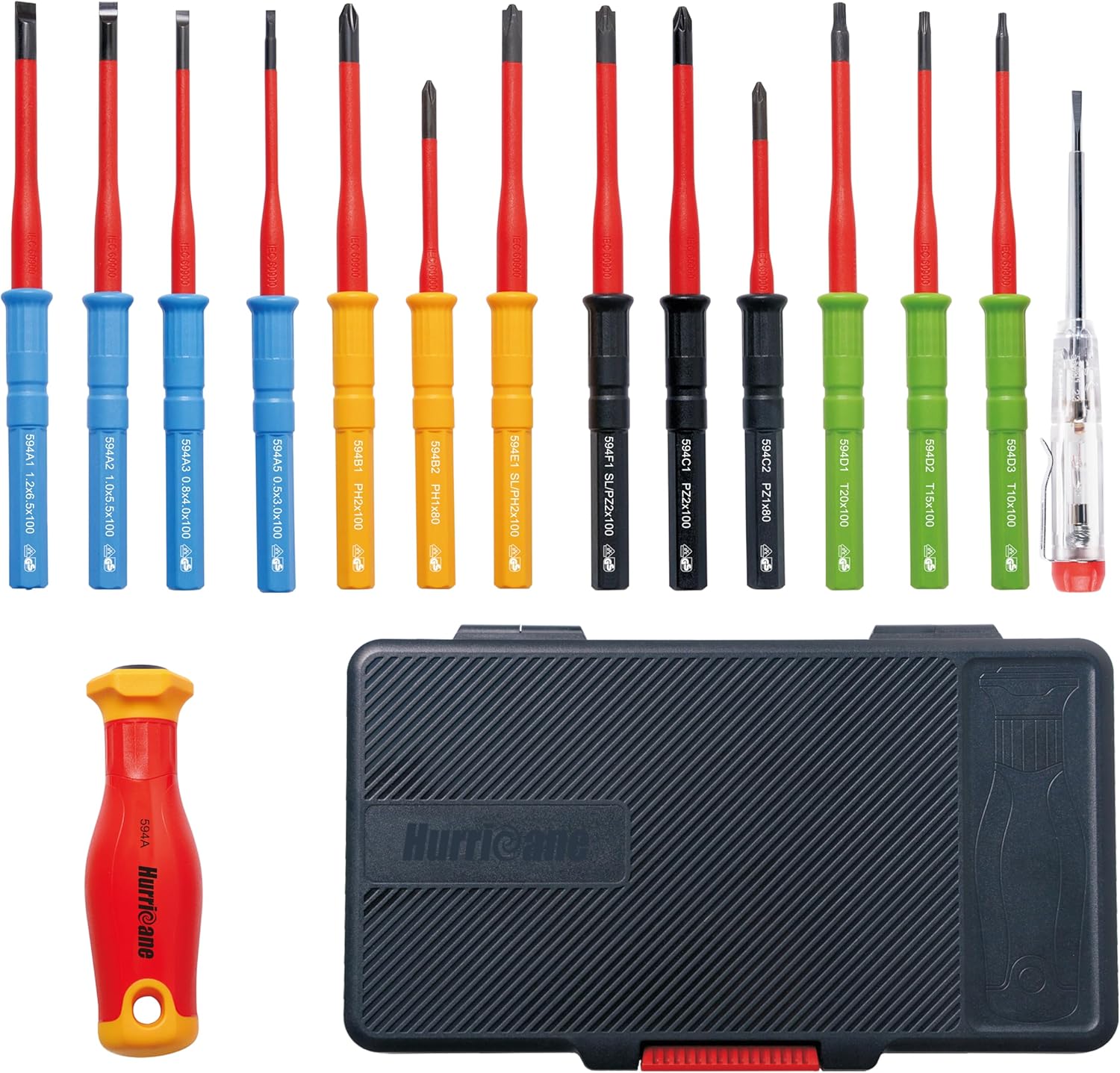 HURRICANE 15 Piece Insulated Screwdriver Set, 1000V VDE Certified Electrician Tools with Color-Coded S2Blades, Magnetic Tips, SL/PH/PZ/TX & Combo (SL/PZ, SL/PH) Interchangeable Electrical Tool Kit