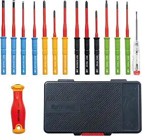 HURRICANE Conjunto de chaves de fenda isoladas de 15 peças, ferramentas eletricistas certificadas VDE de 1000 V com lâminas S2 codificadas por cores, pontas magnéticas, SL/PH/PZ/TX e combo (SL/PZ, SL
