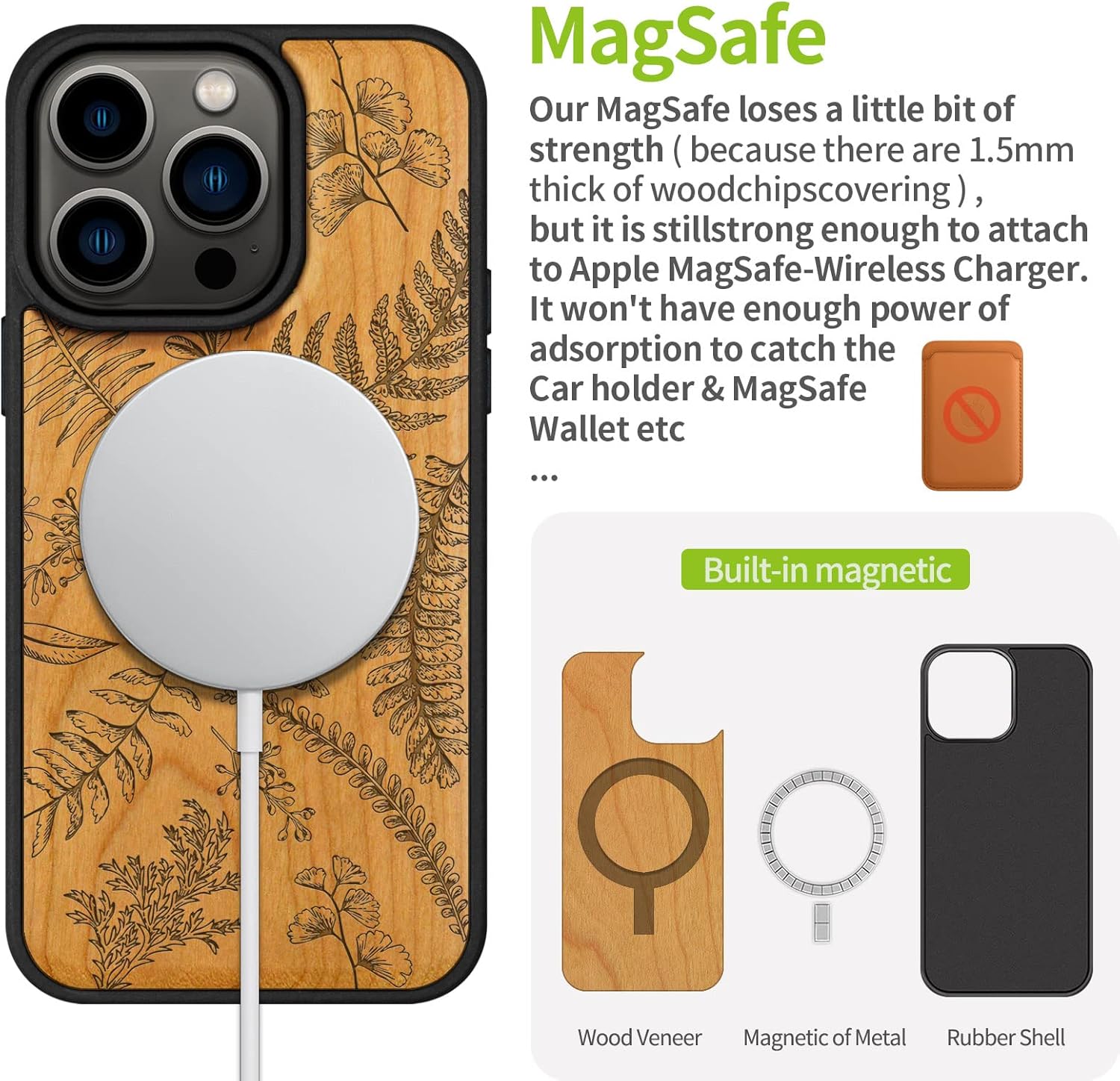 Carveit Magnetic Wood Case for iPhone 14 Pro Case [Natural Wood & Black Soft TPU] Shockproof Protective Cover Unique Wooden Case Compatible with magsafe (Fern Leaves & Herbs -Cherry)