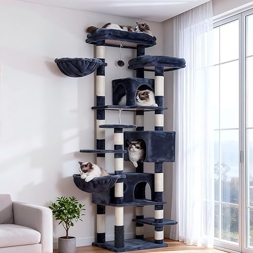 Hey-brother Cat Tree, 74 inches Multi-Level XL Large Cat Tower for Indoor Cats with Three Cat Condos, Two Large Top Decks and Cat Hairbrushfor Kittens, Cats and Pets, Smoky Gray MPJ035-MG