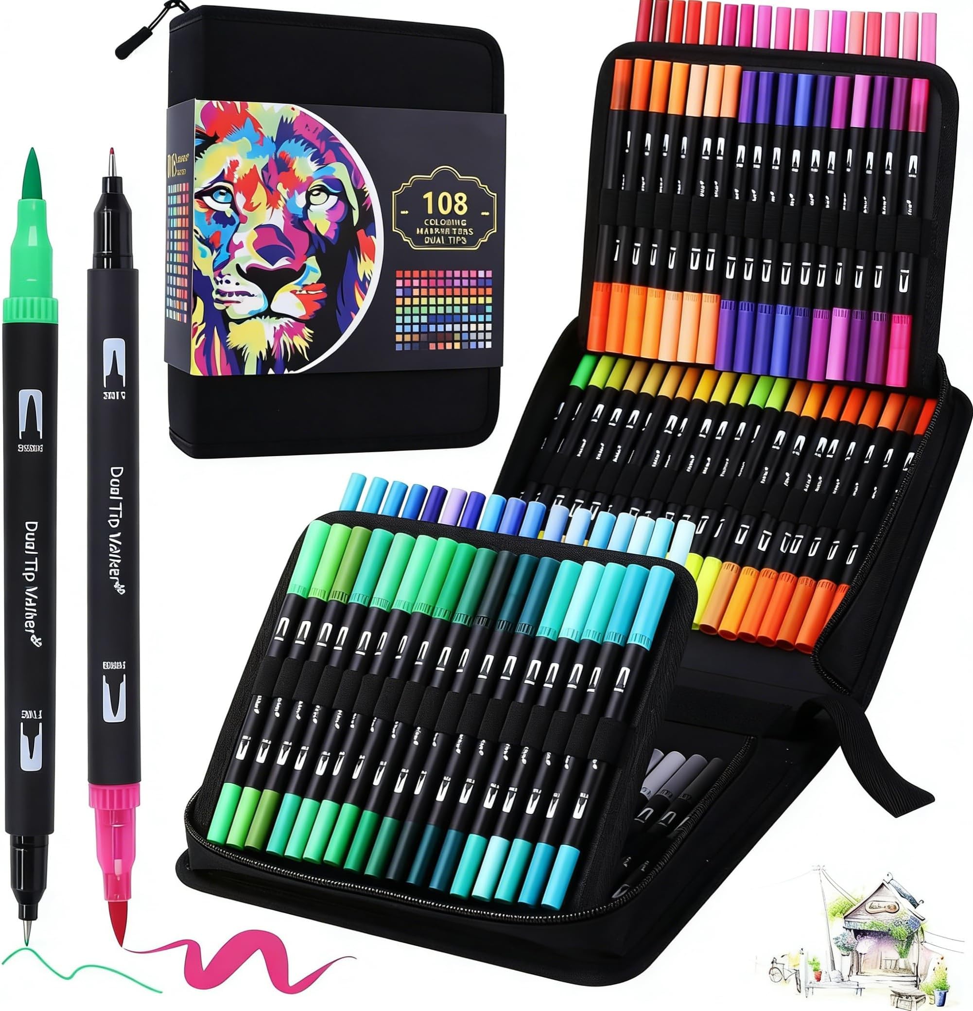 BEMAYSZ 108 Colours Dual Tip Colouring Brush Felt Tip Pens, Pens for Adult Adults Colouring Books Calligraphy Drawing Painting Sketching Highlighting Dual Brush Marker Pens