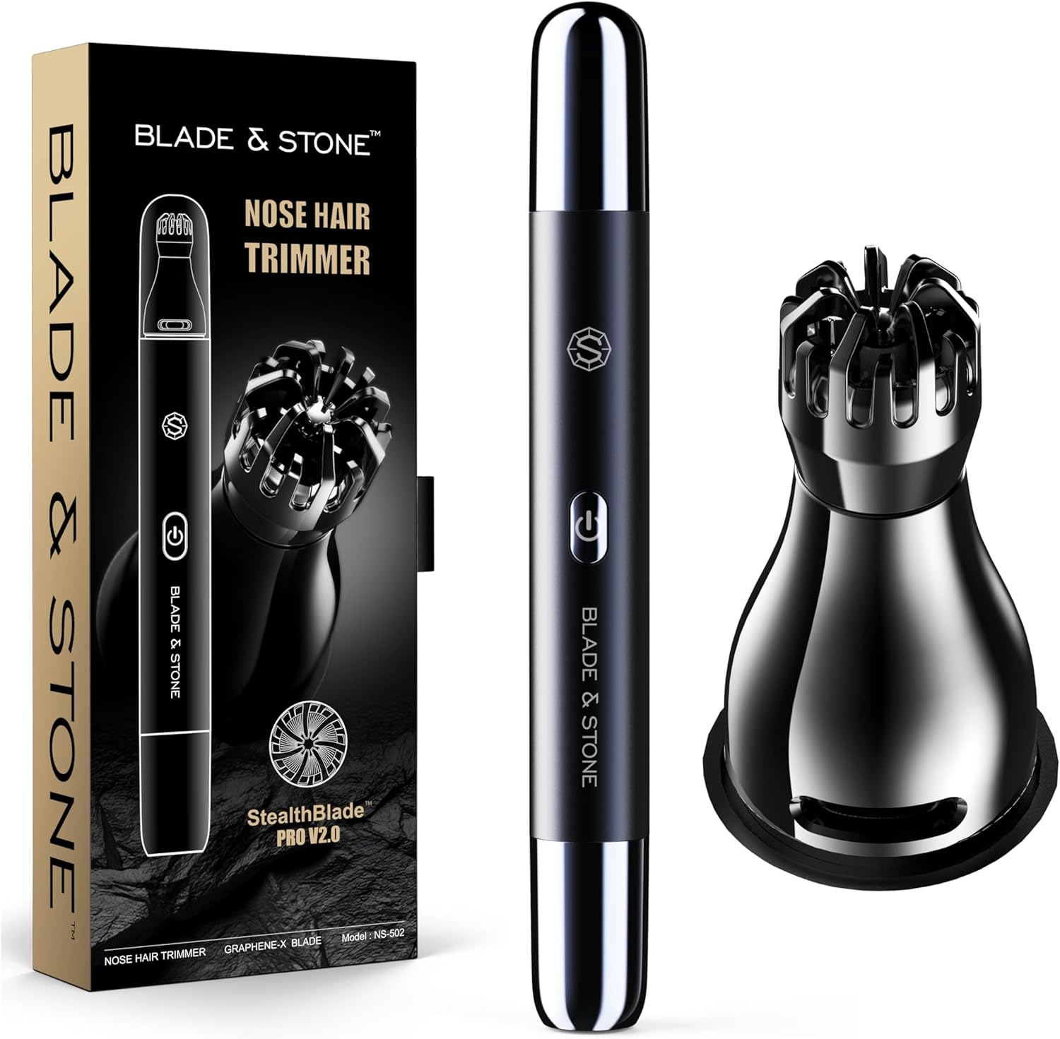 Blade & Stone™ NS502-DN Nose & Ear Trimmer 2.0 | Graphene-X™ Blade | High-Velocity Low-Noise Motor | Patented Rotary Blade Design | Skin-Friendly, Tug-Free Performance, Detachable Head - Dark Night