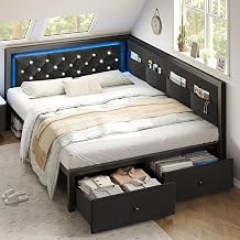 Upholstered Full Corner Bed Frame with Storage Drawers & LED Light, Black