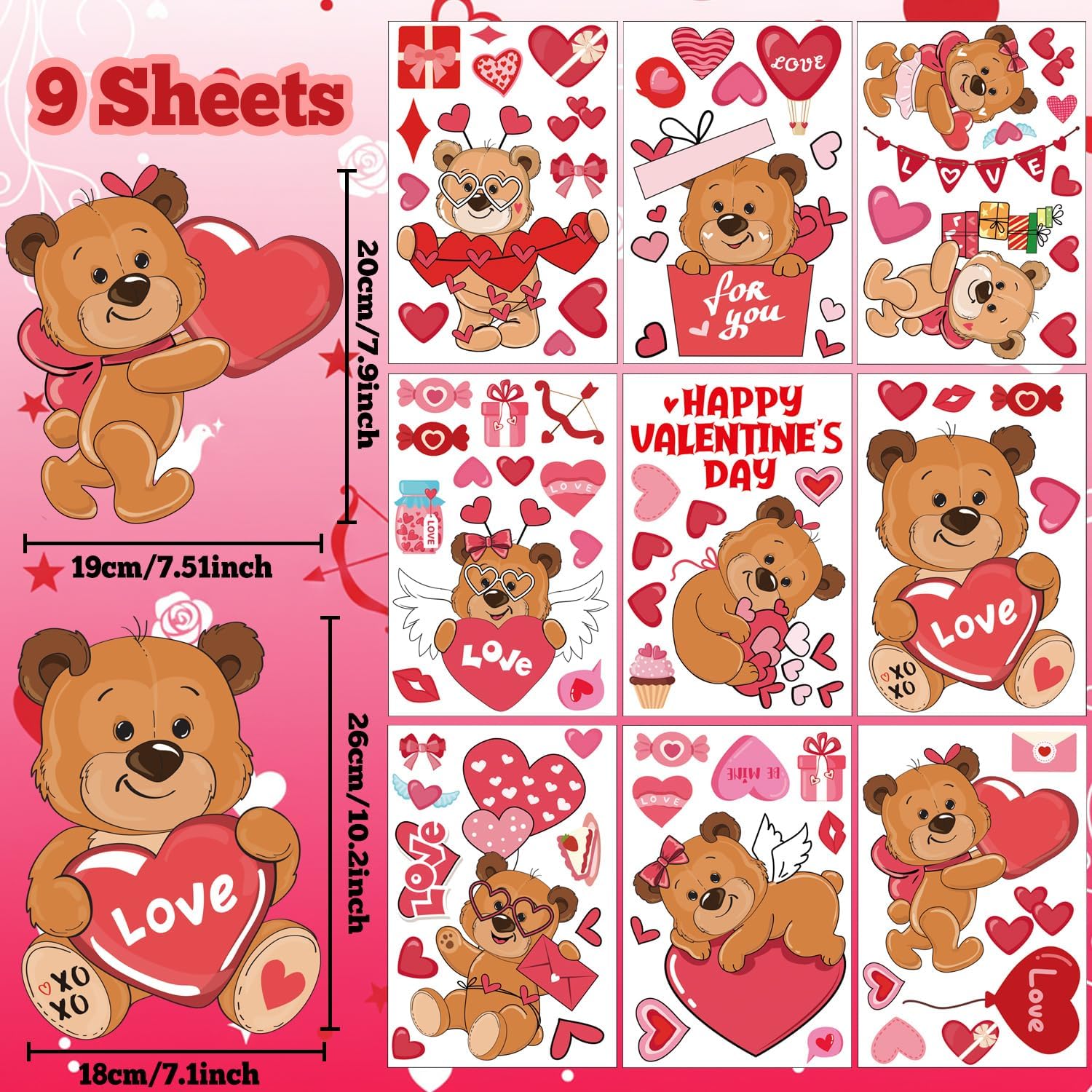 9 Sheets Valentine’s Day Window Clings, Double-Sided Cute Teddy Bear Heart Stickers for Glass Windows, Reusable Red Pink Love Decals for Birthday Wedding Classroom Home Party Décor