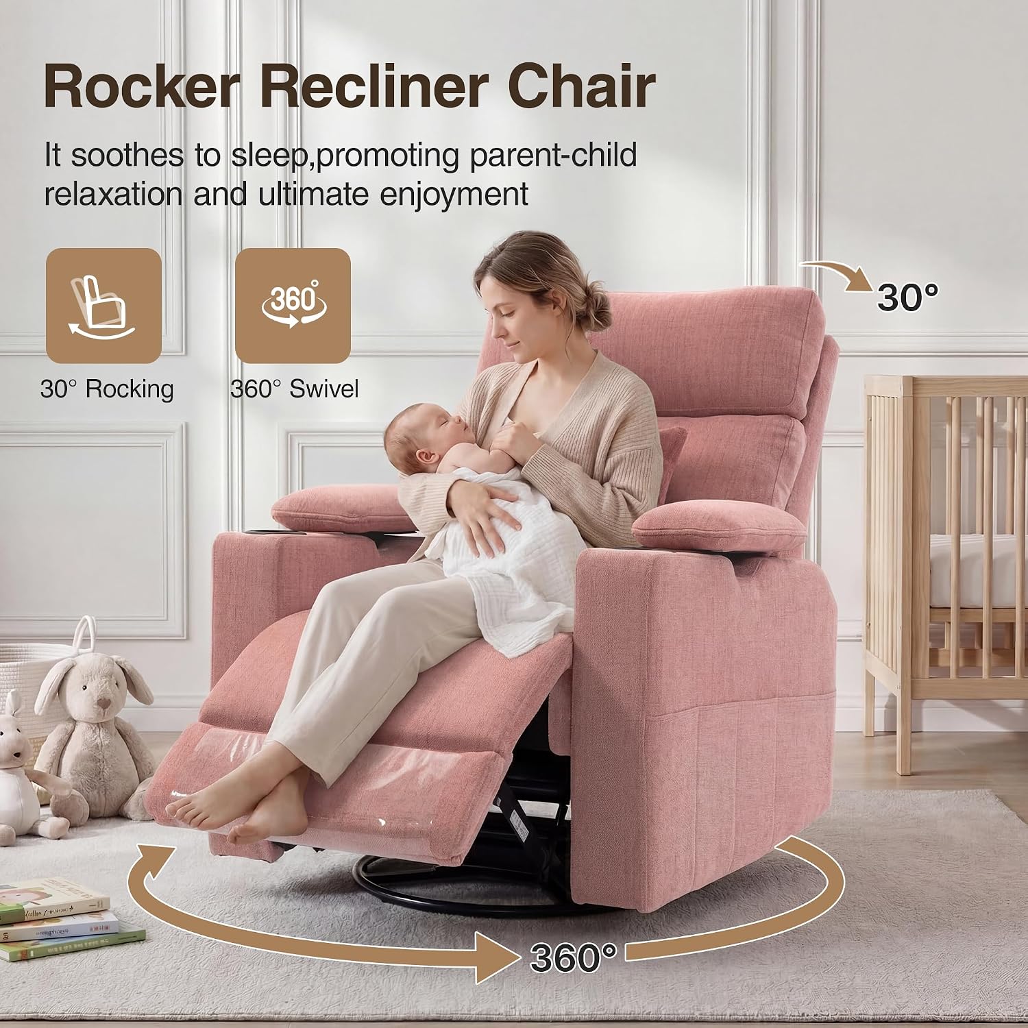 360°Swivel Rocker Recliner Chair with Adjustable Armrests&Headrest,Nursery Glider for Breastfeeding,Oversized Rocking Chairs with Cup Holder,Manual Glider Armchair for Living Room,Bedroom,Pink