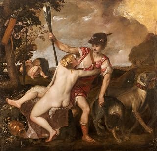 WONDERFULITEMS Venus and Adonis Goddess of Love Attempting Seduction Young Man Sleeping Cupid Painting By Titian 13" x 14" image size art repro on matte paper