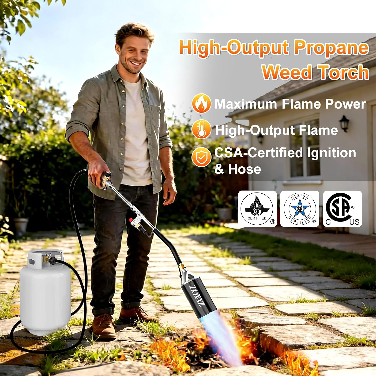 Propane Torch Weed Burner Kit, 33.5" Blow Torch with 1lb Propane Cylinder Converter, 10 FT Hose, Heavy Duty Blow Torch with Turbo Trigger for Weeds, Roofing, Ice & Snow Melting(Fuel Not Included)