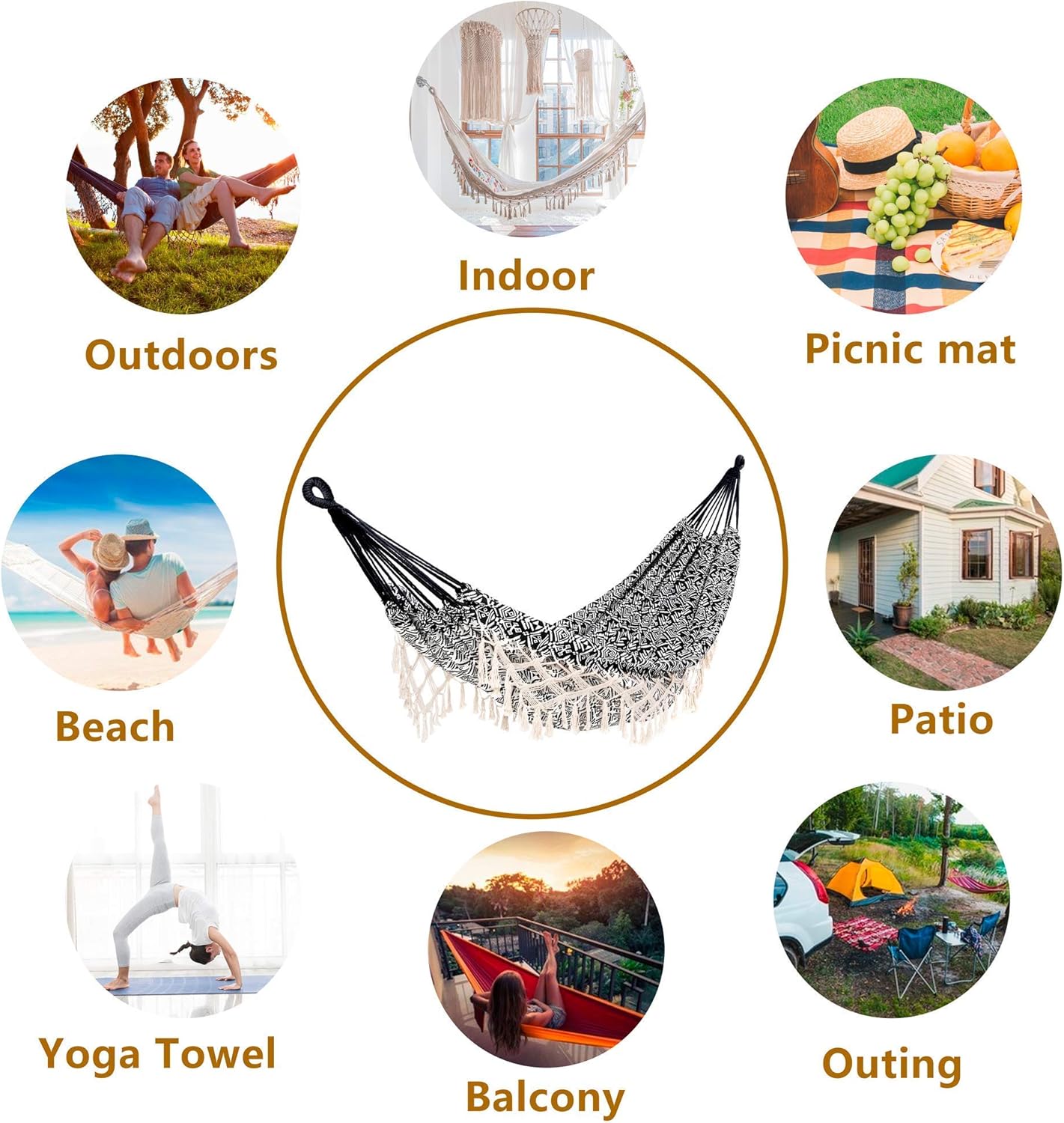 Portable Hammock with Tassel,2 Person,Brazilian Tree Hammocks with Carry Bag for Bedroom,Garden,Backyard,Patio,Outdoor and Indoor XX-Large Black/White Woven Cotton Fabric, Up to 450Lbs
