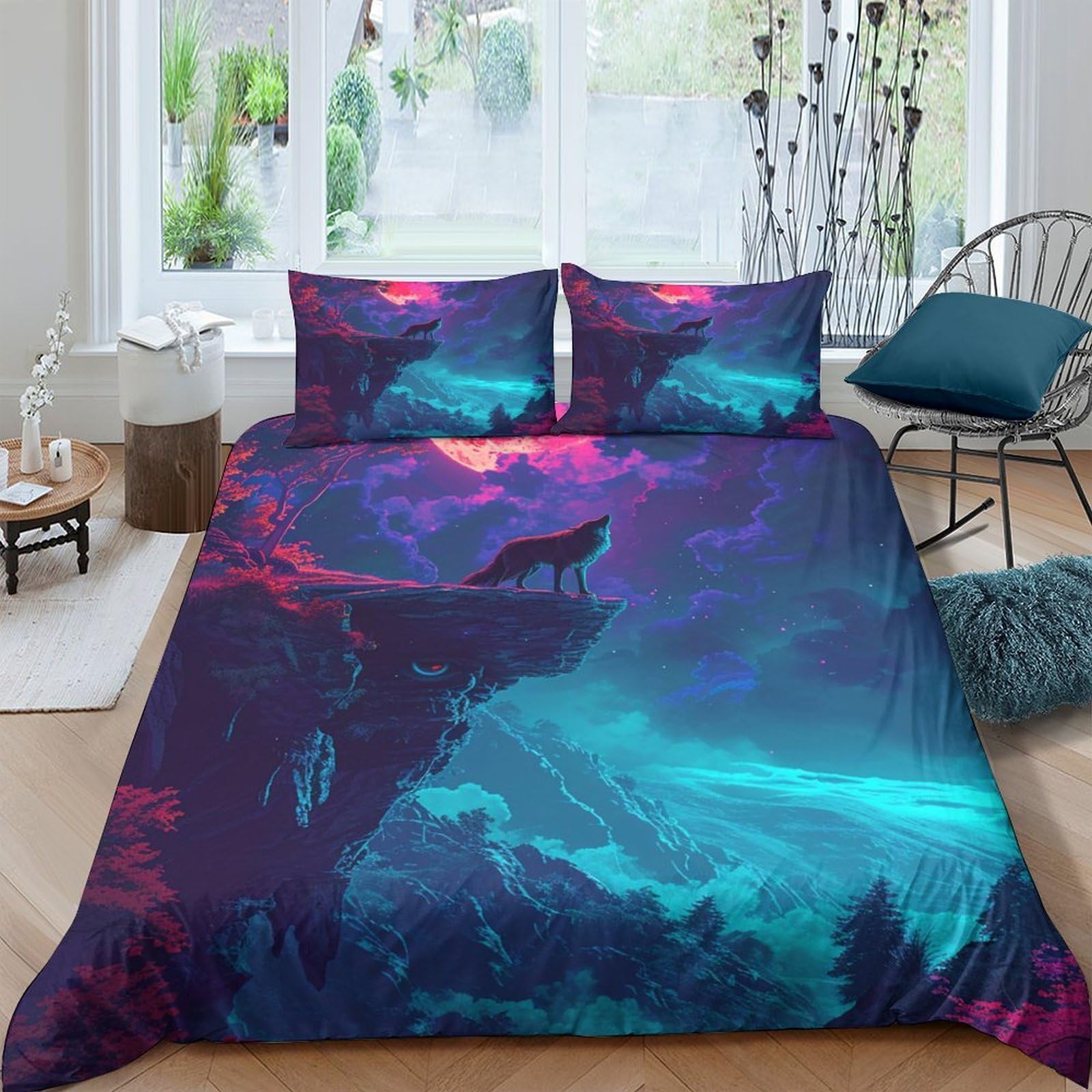 Ctjqhvkz Style-8 3D Printed Wolf Cliff Fitted Sheet Microfiber Soft Breathable Aurora Forest Mattress Cover For Bedroom Decor Single（135X200cm）