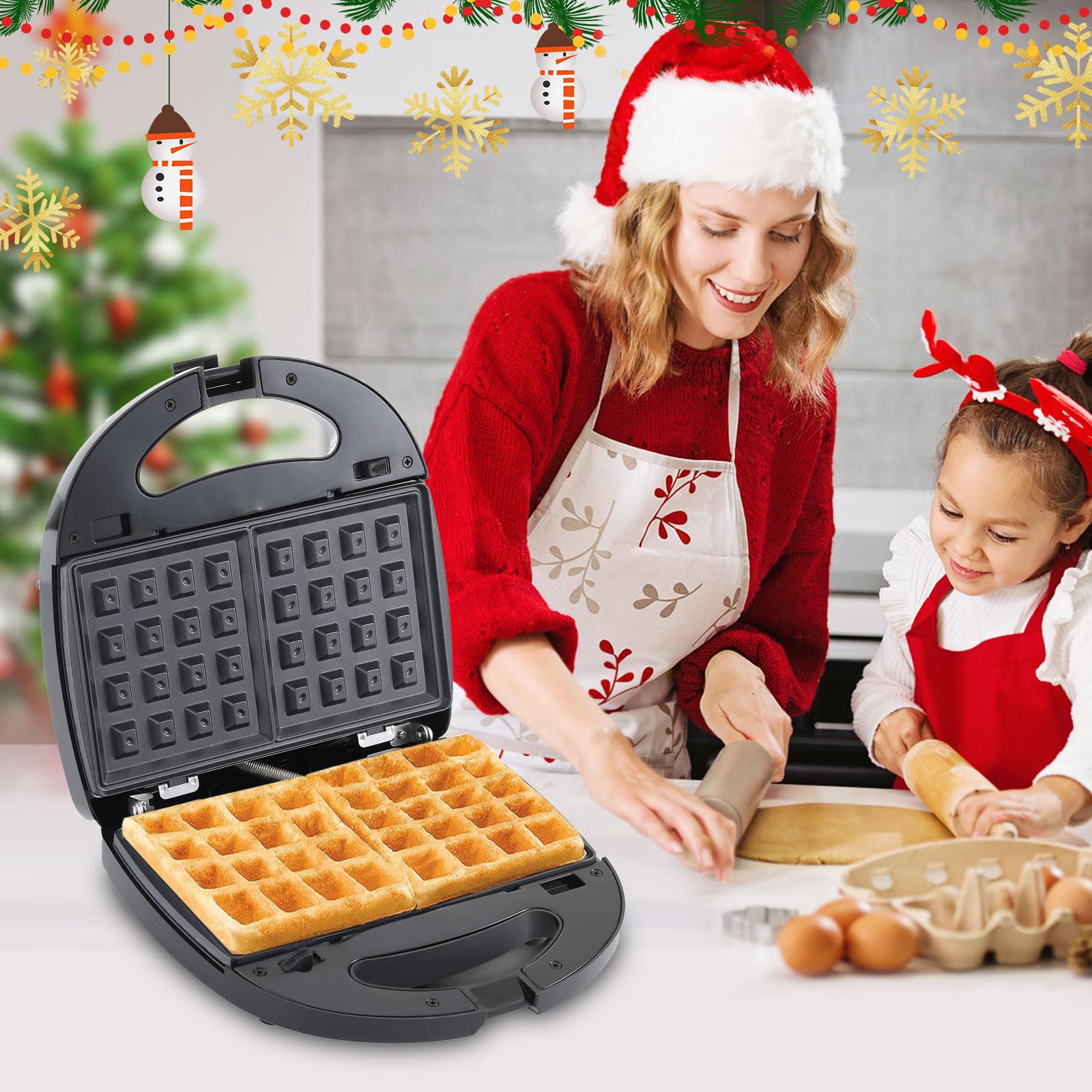 OKYUK Gaufrier, Gauffrier multifonctions 750W avec 6 plaques de gril antiadhésives amovibles, machine a panini répondant à différents besoins de petit-déjeuner