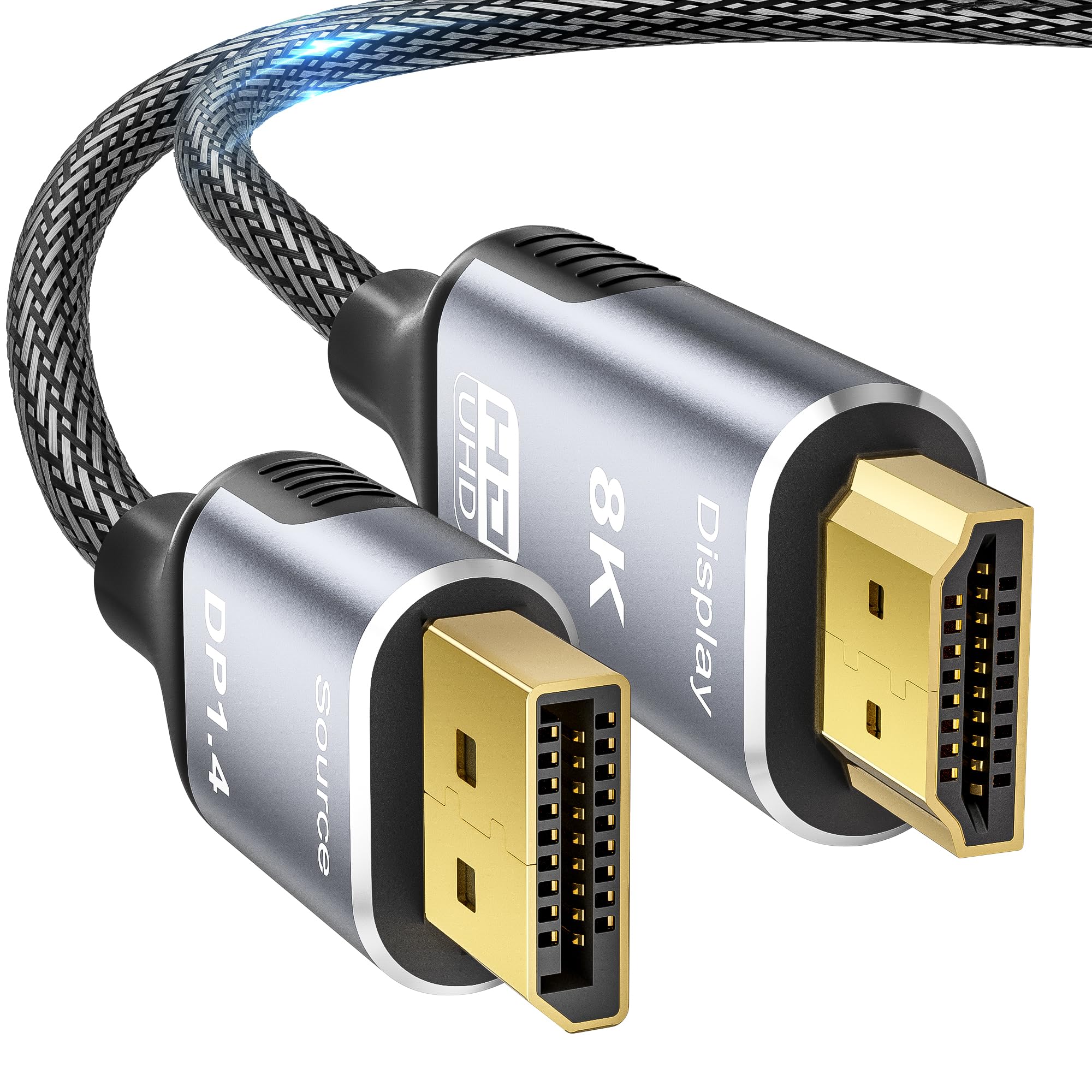 Cable DisplayPort a HDMI 2.1 8K de 6.6 pies - 8K a 60Hz 4K a 240Hz 2K a 240Hz, cable trenzado unidireccional DP a HDMI compatible con PC, Dell, HP, AMD, Lenovo, monitor, proyector