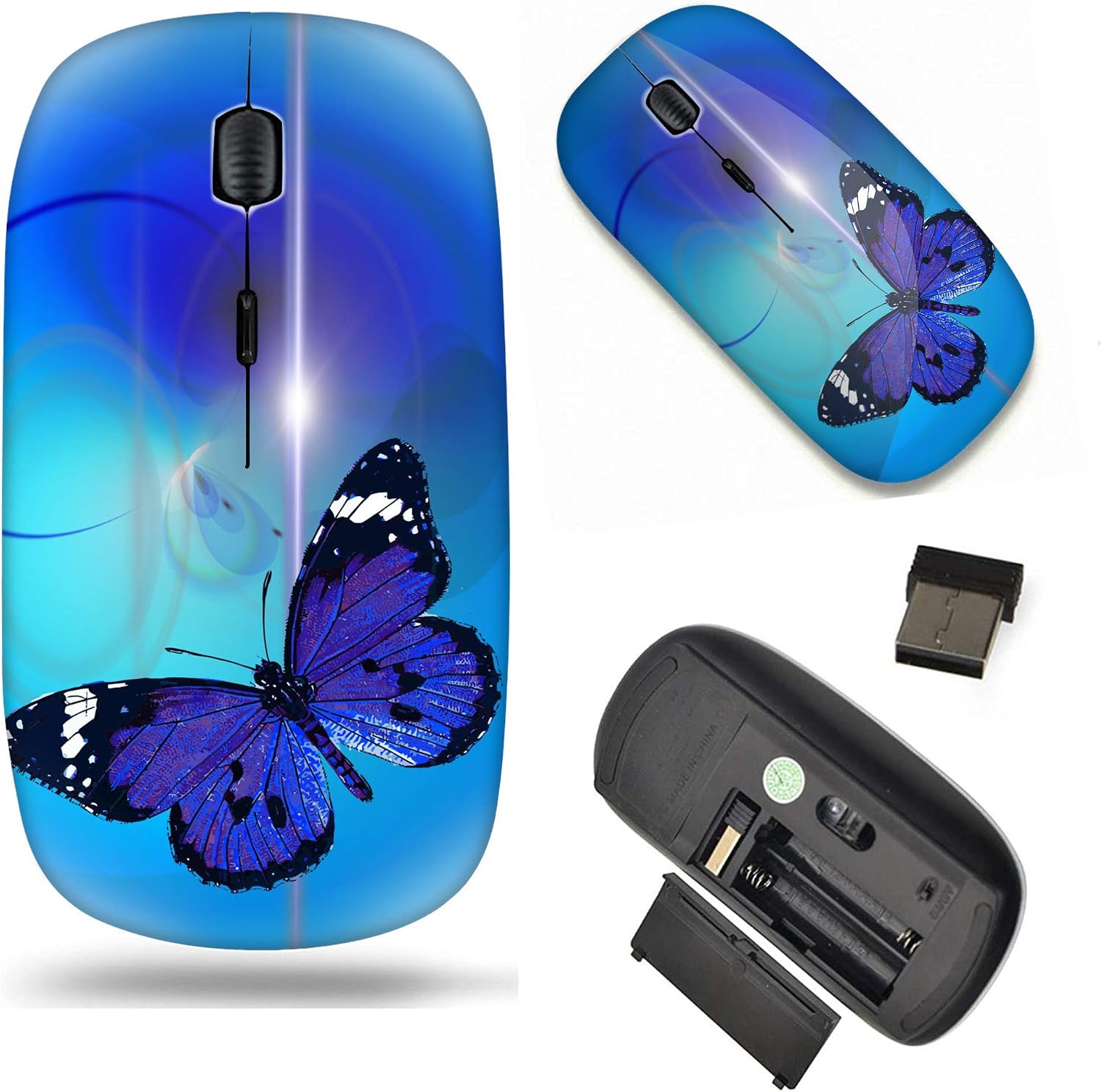 Mingdao Wireless Computer Laptop Mouse Portable Optical Mouse with Nano USB Receiver Blue Butterfly
