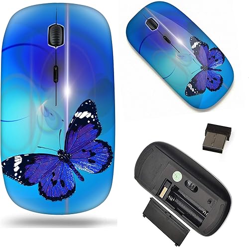 Mingdao Ratón óptico portátil inalámbrico para computadora portátil con receptor nano USB, mariposa azul