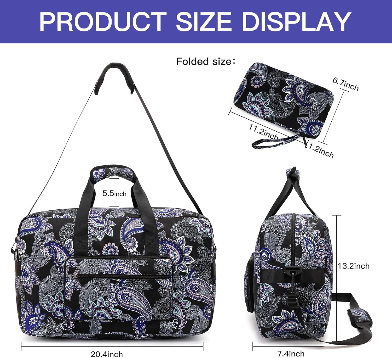 F.FETIVIN Weekender Bag Carry On Travel Duffle Bag Medium Overnight Bag for Women(Black Paisley) - Image 2