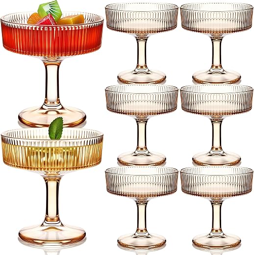 Teenyyou 12 Pcs Ribbed Vintage Coupe Glasses 7 oz Martini Glasses Champagne Coupe Classic Cocktail Glassware Reusable Ribbed Glassware for Cocktail Martini European Style (Blue)