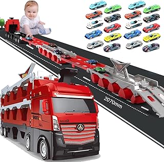 Mega Hauler Truck with Ejection Race Track - Kids' Deform Catapulting and Shooting Big Truck Folding Storage Transporter Toy, Car Transporter Toy Truck for Kids 3+ Years Old