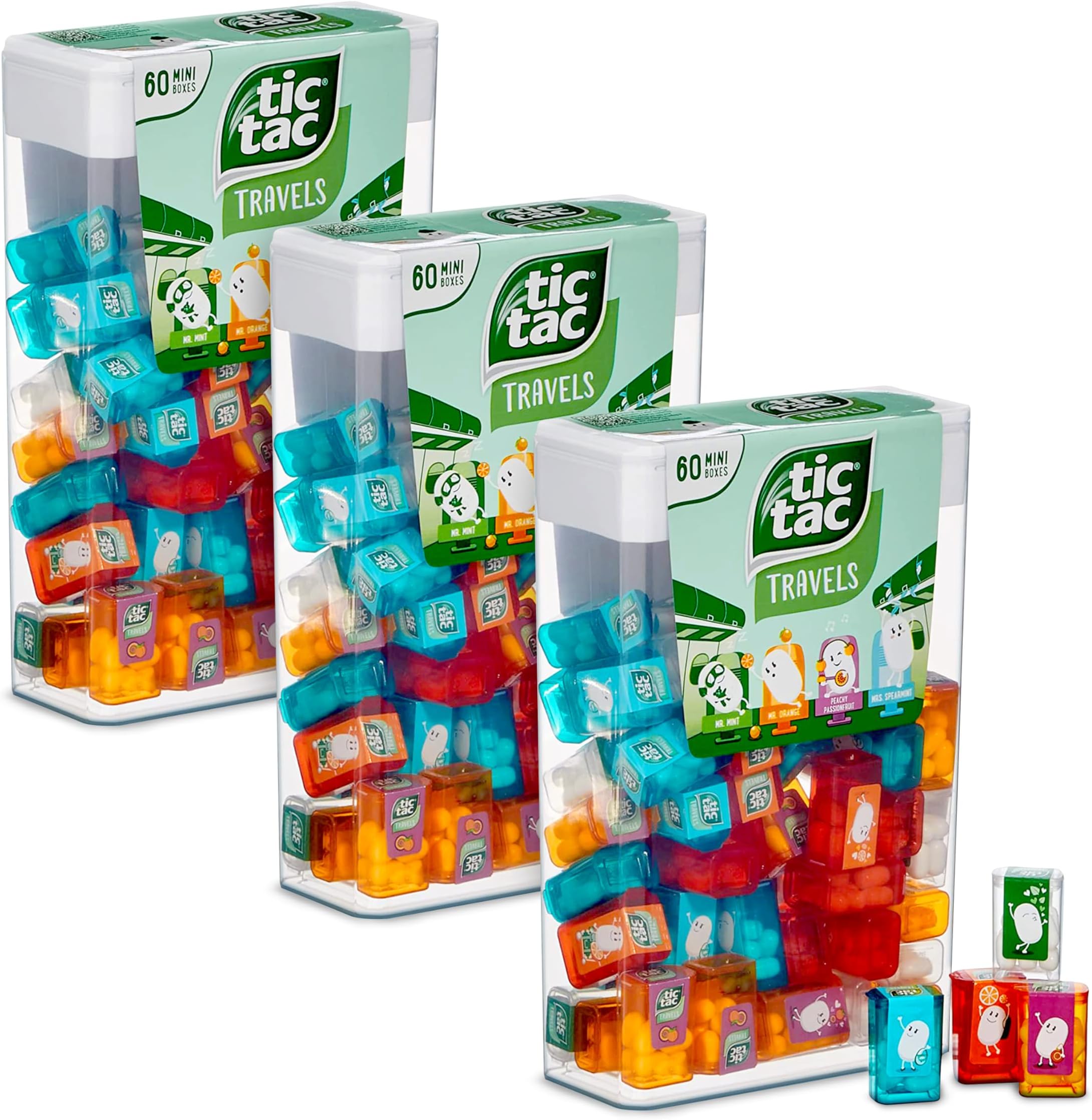 Tic Tac Travels Set: 3 large boxes with 60 mini boxes of 3.8 g each in fruit & mint flavours - ideal for travelling, for treats and as a creative gift idea