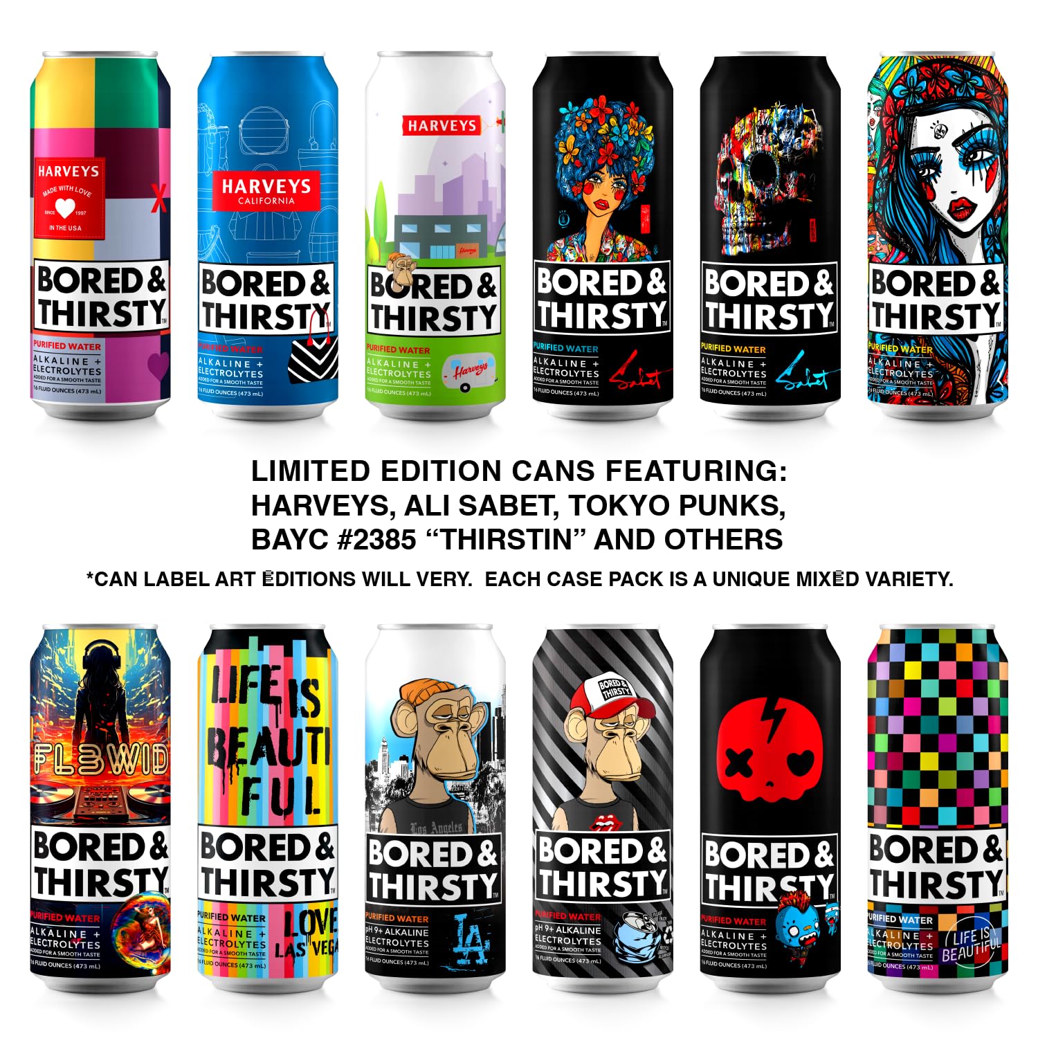 Bored & Thirsty Alkaline Canned Water - 24 Pack, 16oz, 9.0+ pH, Electrolytes, Trace Minerals - Limited Edition Art, 100% Recyclable
