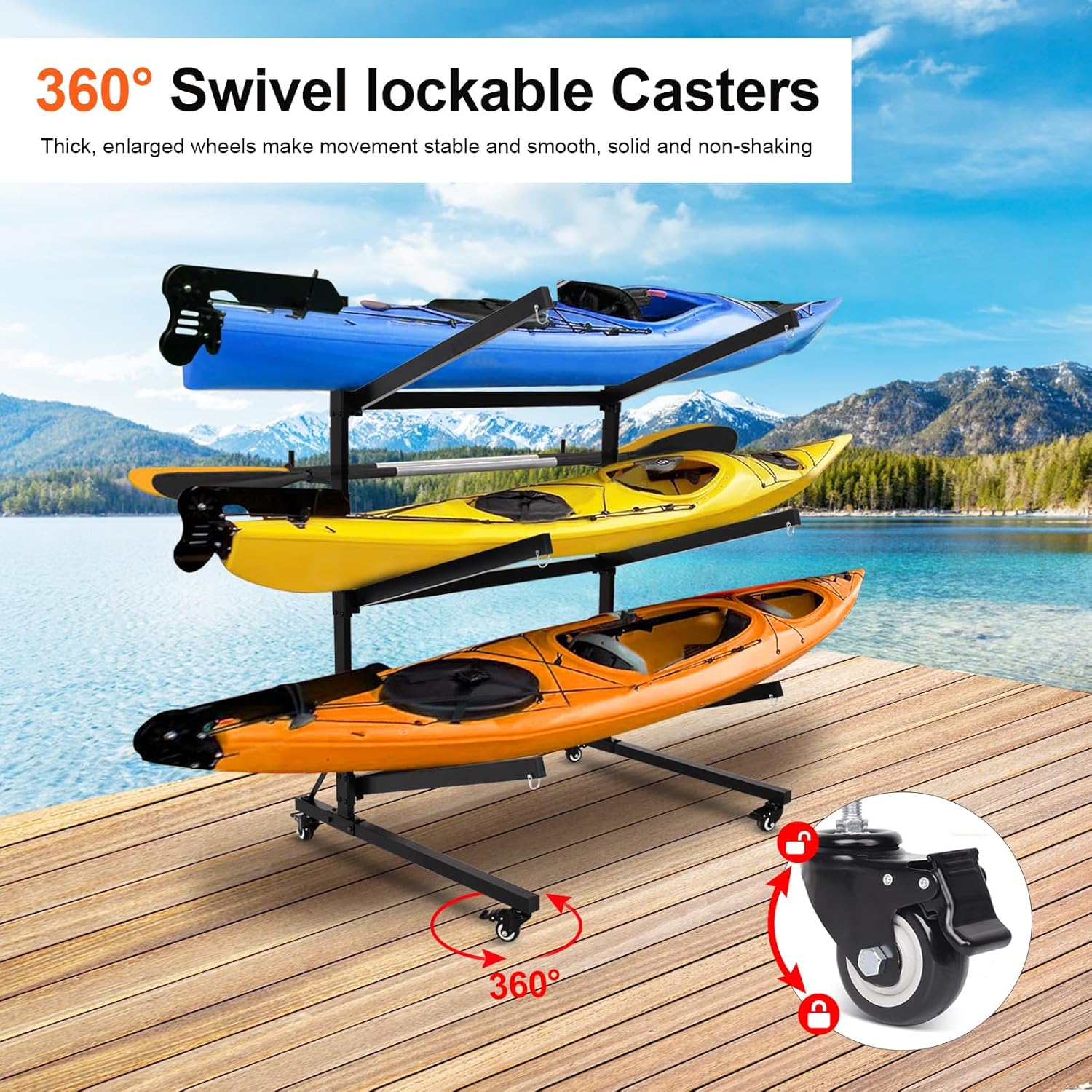 Kayak Stand & Storage Rack, Fits Kayaks, SUPs, Canoes, with Wheels, Max 400 LBS, for Garage & Outdoor Storage, Kayak Paddle Holder, Easy Transport & Organization (3 Kayaks Storage Rack)