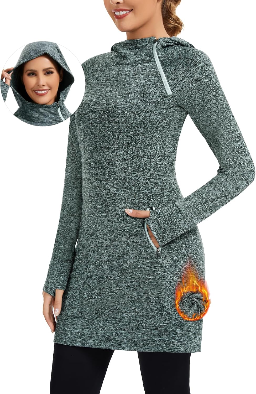 Women's Fleece Hoodie Sweatshirt Dress 1/4 Zip Mock Neck Long Sleeve Thermal Tunic Dress with Pocket Thumb Hole Winter