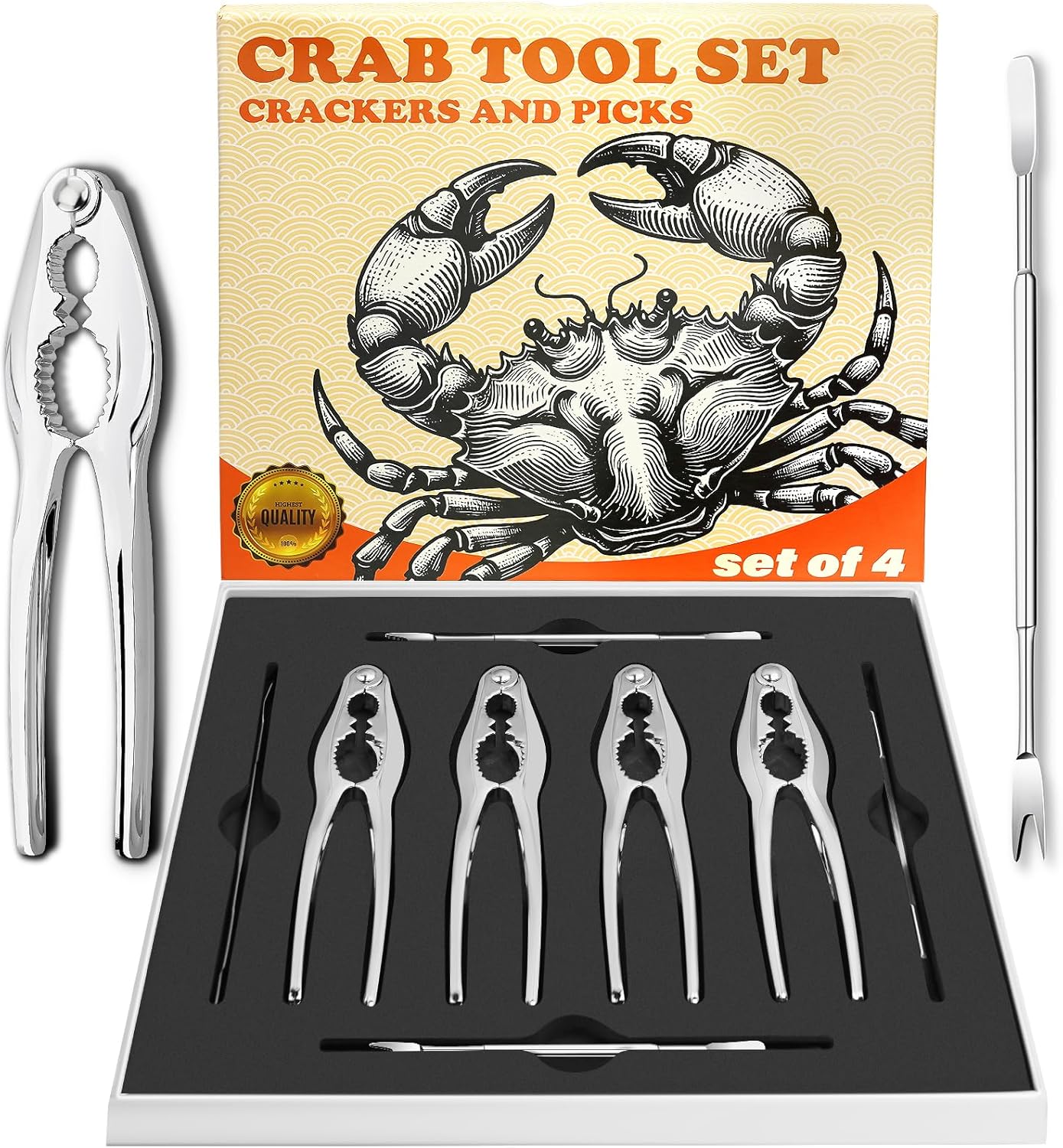 Crab Crackers and Tools, Set of 4 Stainless Steel Lobster Picks, Crab Leg Cracker, Seafood Tool Kit with Gift Box