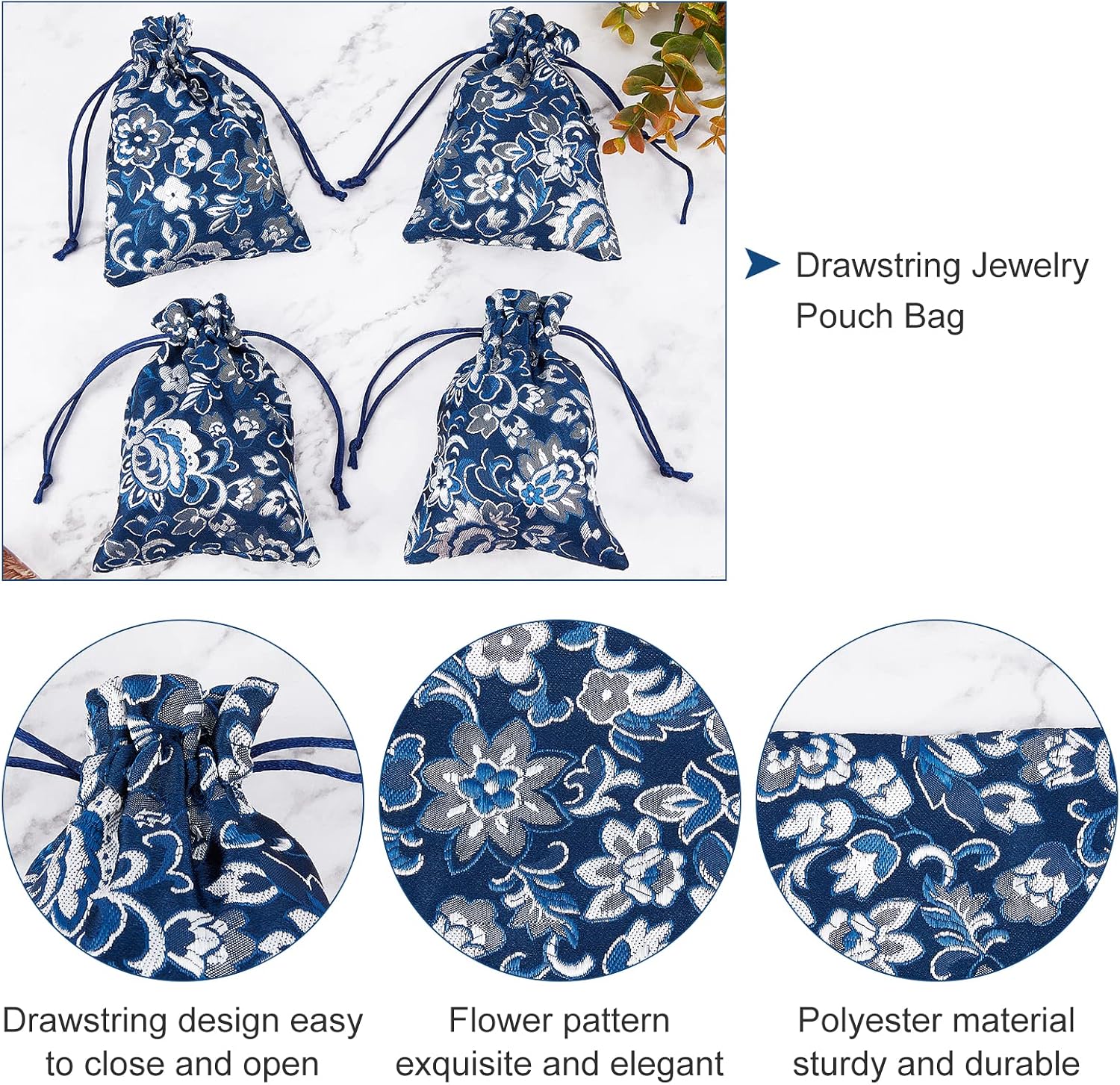 NBEADS 20 Pcs Midnight Blue Silk Brocade Jewelry Pouches - Image 5