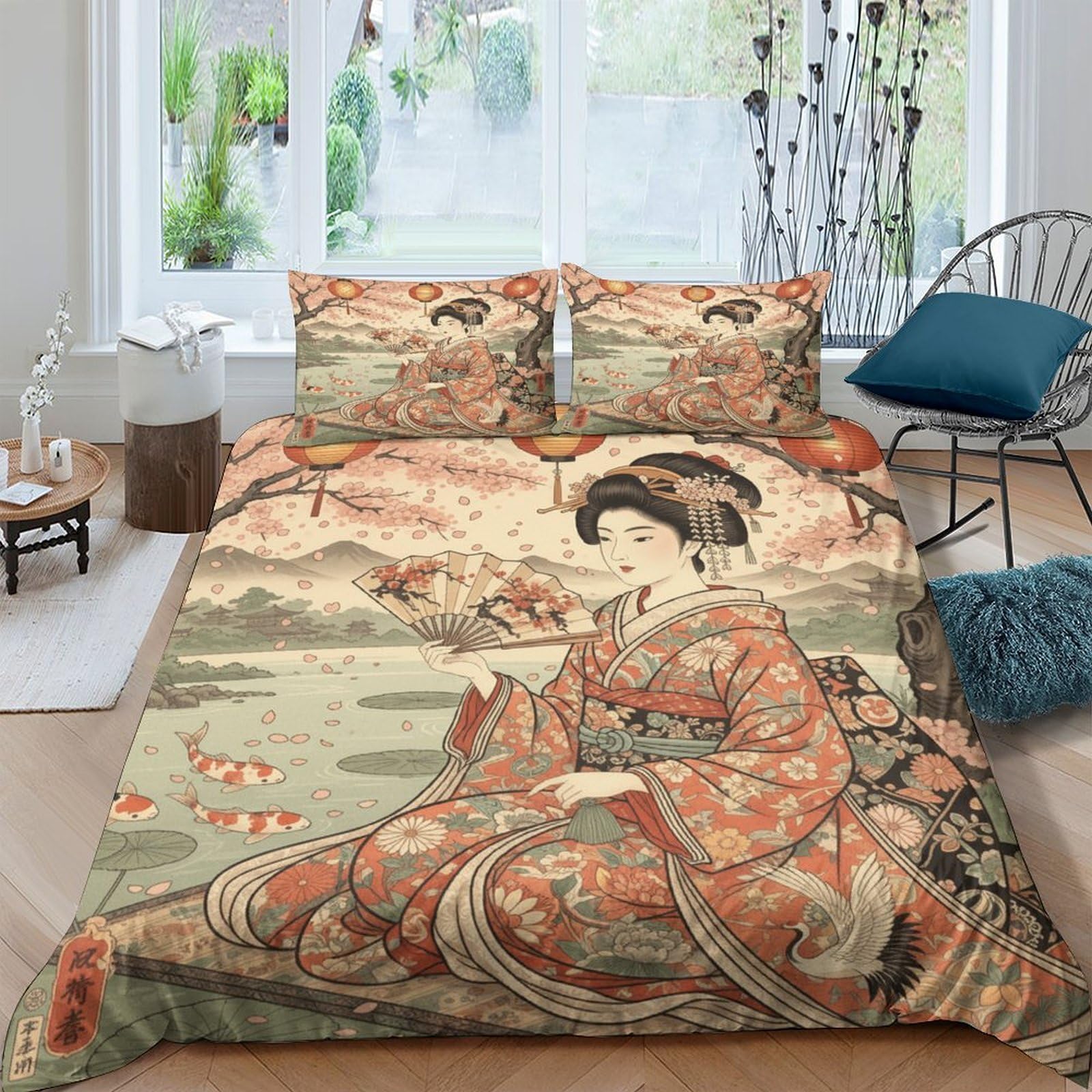 Ctjqhvkz Style-10 3D Printed Japanese Geisha Art Fitted Sheet Microfiber Soft Breathable Koi Fish Bed Cover For Bedroom Guest Room Decor Mattress Protection Single（135X200cm）