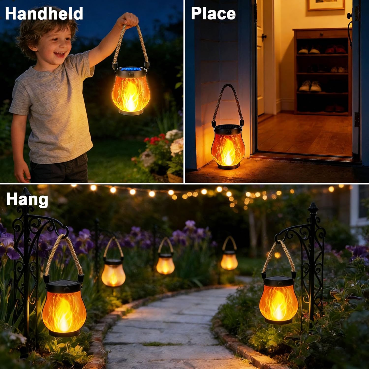 Yowin Dancing Flame Solar Lantern 2 Pack Outdoor Solar Flame Lights with Dual Charging Modes, 2 Lights Modes Waterproof Flickring Lantern for Garden Yard Table Patio Porch Gift Camp Path Decorations