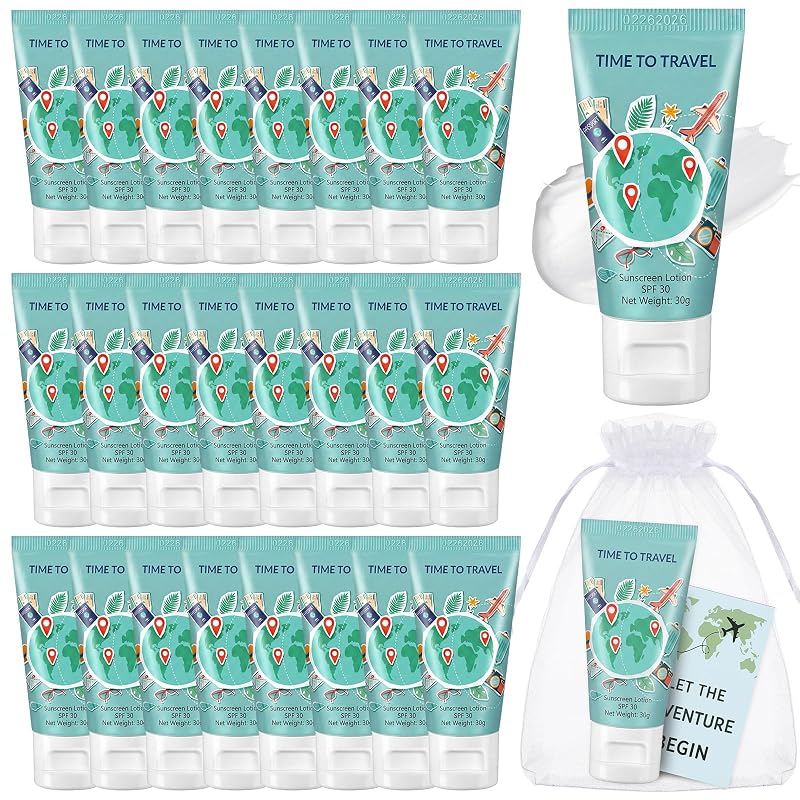 Leelosp Conjunto com 24 protetores solares corporais temáticos de viagem, 30 mL cada, com cartões e sacolas