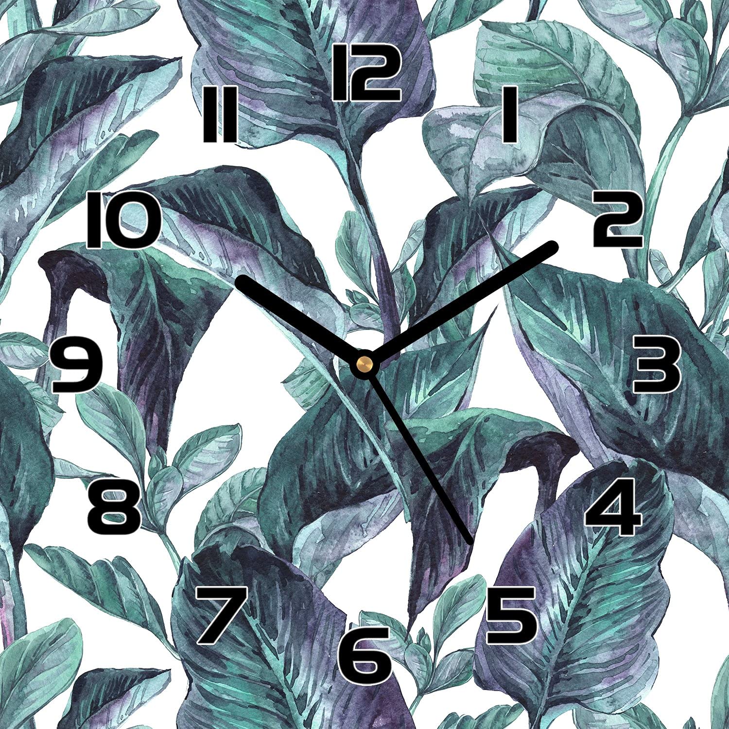 Horloge en verre 30x30 cm Coloray pour cuisine et salon style moderne feuilles de la jungle