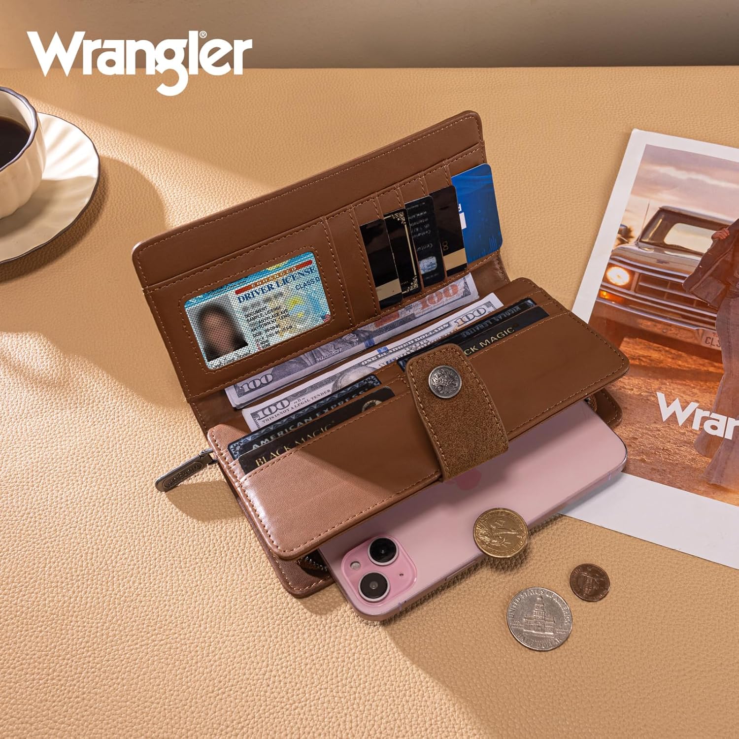 Montana West X Wrangler Brown Wallet for Women Tooling Flower Wallets, Card Cases & Money Organizers Large Capacity Bifold Clutch Wallet Ladies Female Western Phone Cash Wallets with ID Window - Image 3