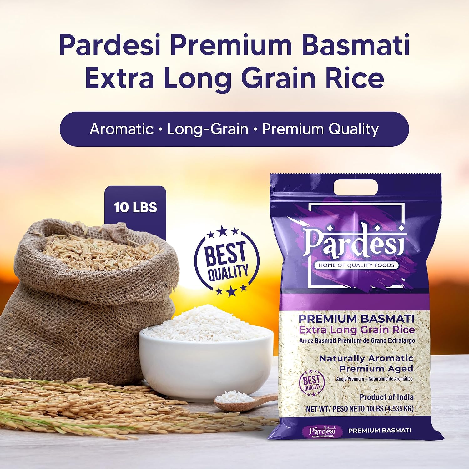 Pardesi Extra Long Grain Basmati Premium Rice 10LB - Extra Long Grain Basmati for Biryani, Pulao & Everyday Rice | Halal, Non-GMO | Premium Quality