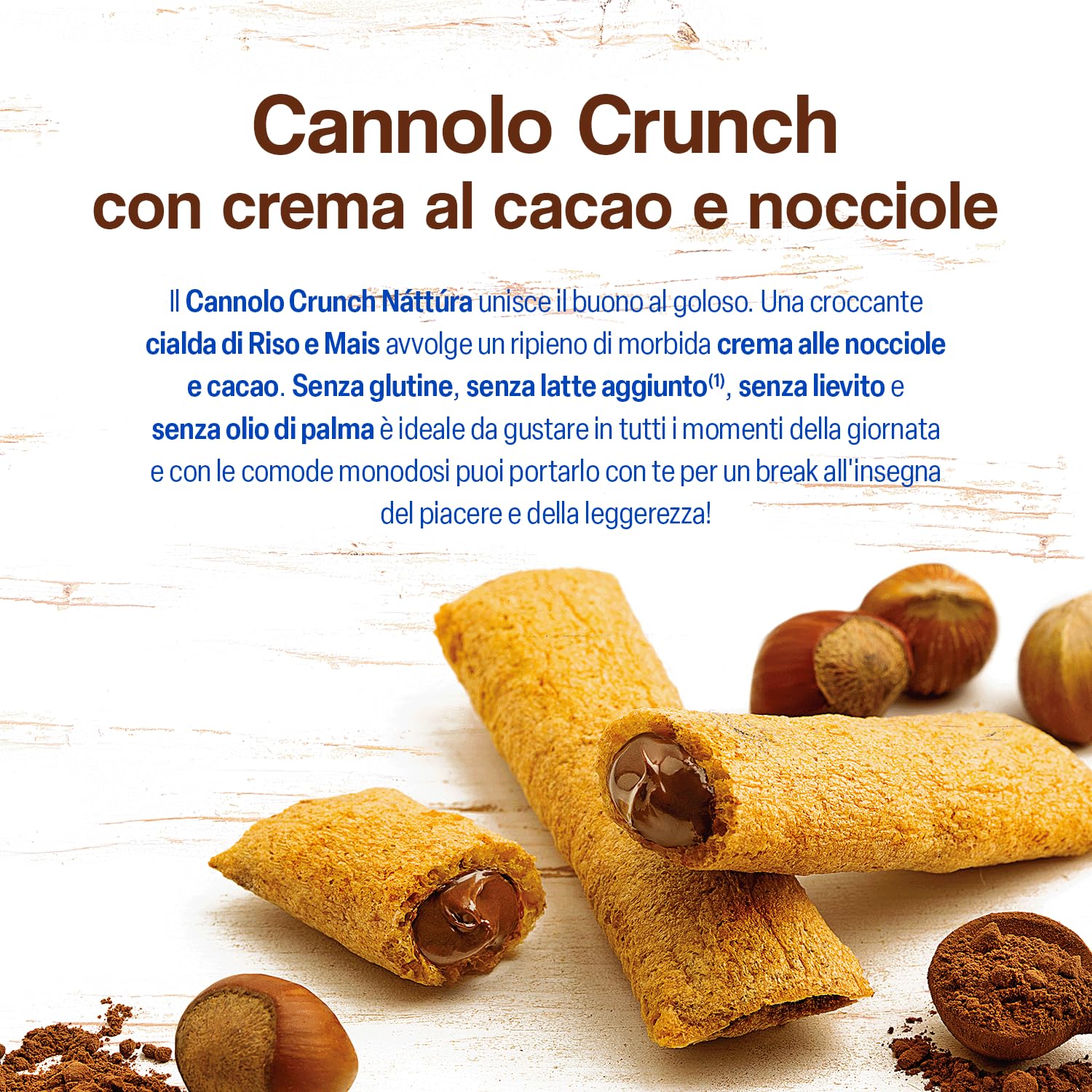 NATTURA Cannolo Crunch Bio Cacao e Nocciole, Croccanti Cialde di Riso e Mais Ripiene di Crema alle Nocciole e Cacao, Snack Senza Glutine e Senza Lievito, Prodotto Vegano Senza Olio di Palma, 24 x 25 g