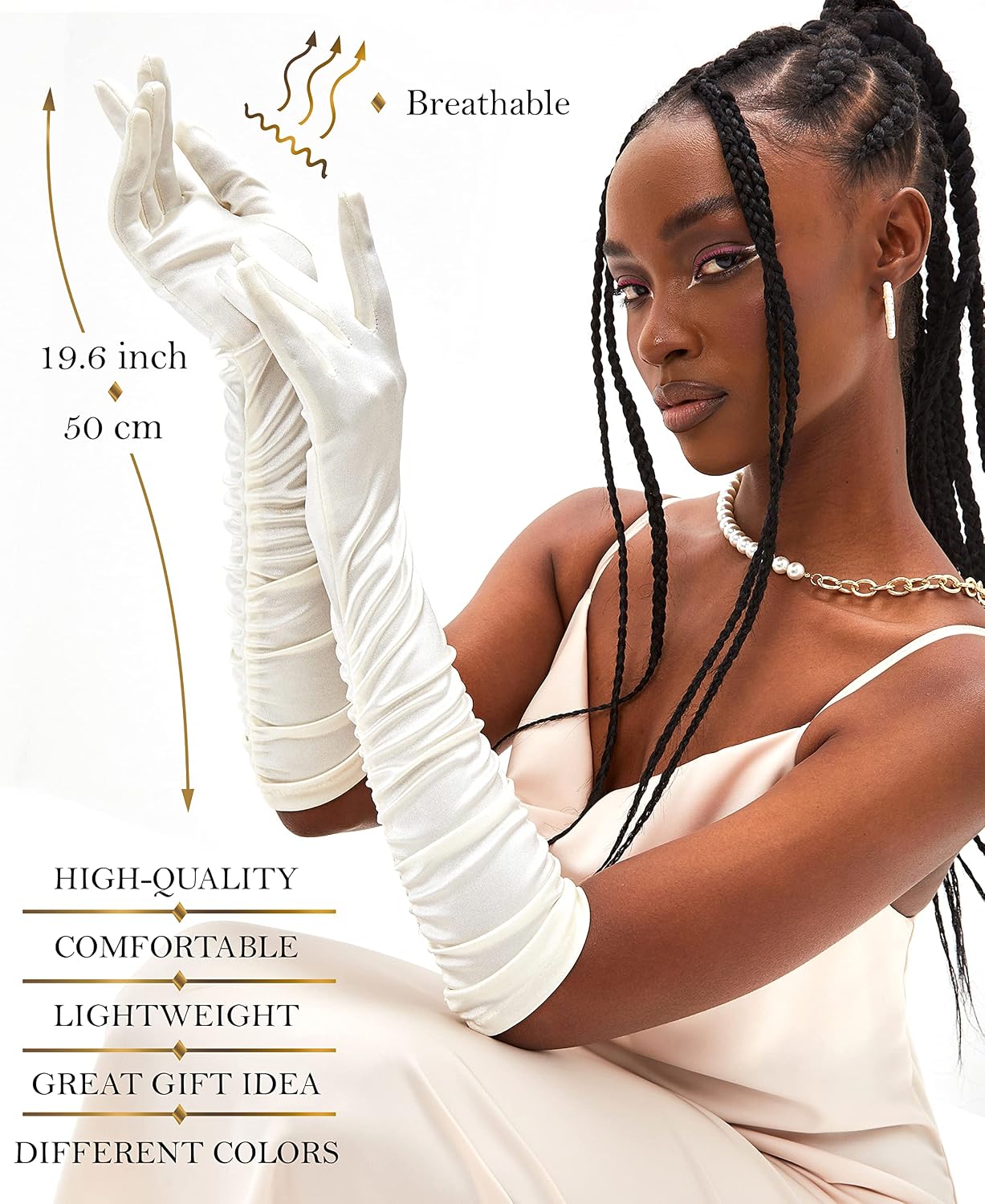 LATTEMARMALATTE Long Satin Gloves 1920s Opera Elegant Shirred Formal Gloves Elbow Length Gatsby Accessories for Women