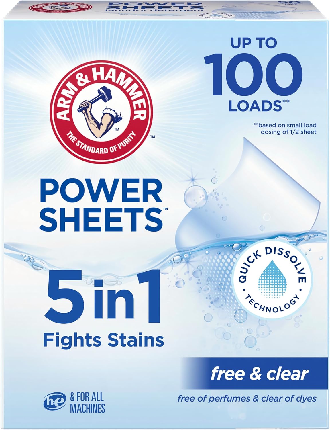 ARM & HAMMER 5in1 Power Sheets Laundry Detergent, Free & Clear, 50 Count, up to 100 Small Loads