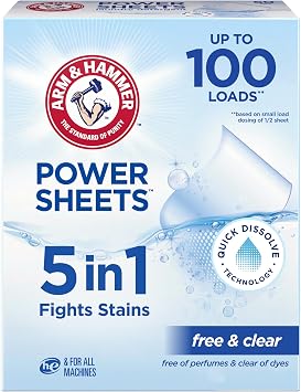 ARM & HAMMER 5in1 Power Sheets Laundry Detergent, Free & Clear, 50 Count, up to 100 Small Loads