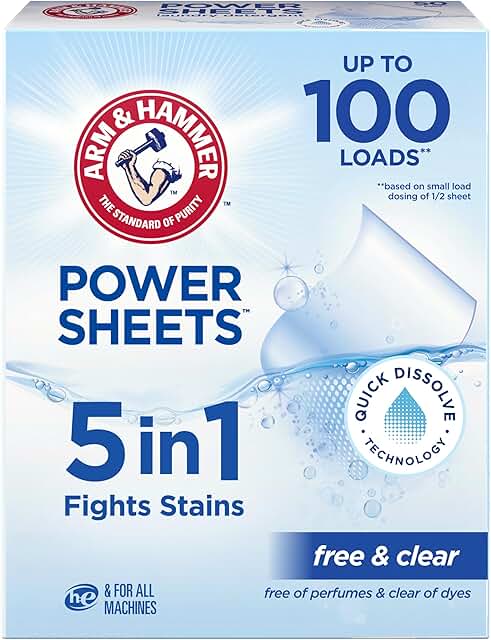 ARM & HAMMER 5in1 Power Sheets Laundry Detergent, Free & Clear, 50 Count, up to 100 Small Loads