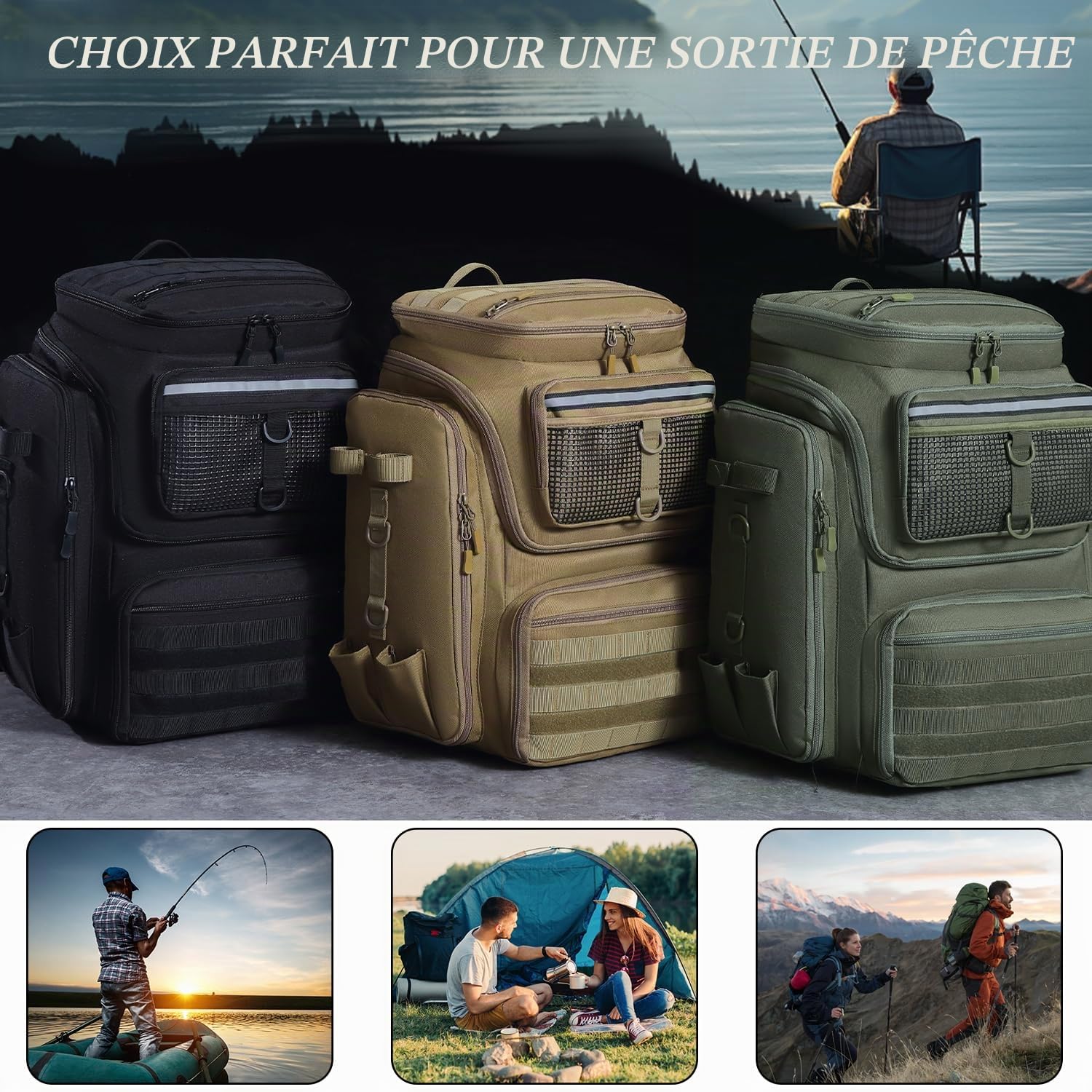 Sac à Dos de Pêche avec Porte-Canne 45L Large Résistant à l'eau Sac de Rangement pour Accessoires de Pêche pour la Randonnée, Camping, Trekking, Sport de Plein Air