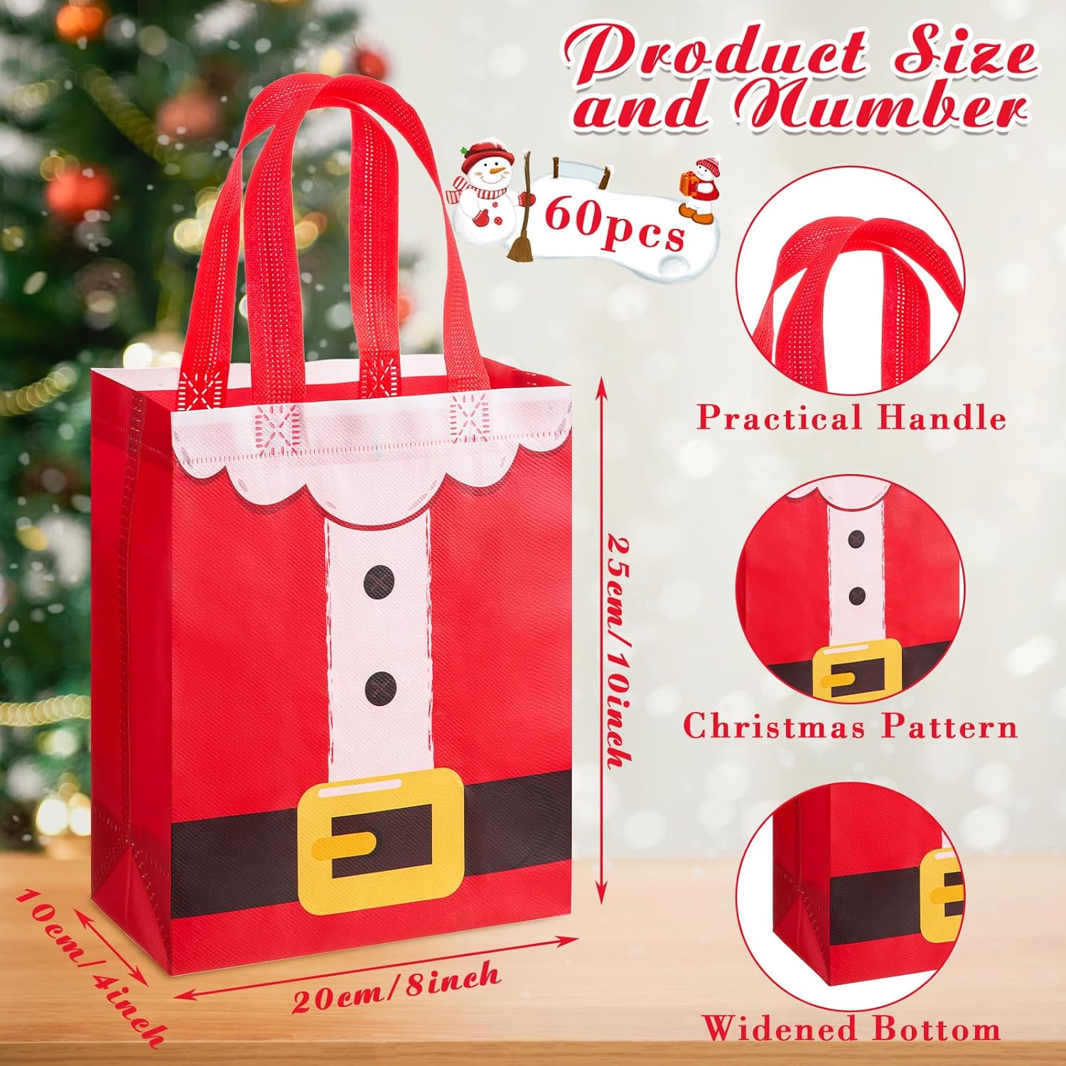Threlaco 60 Pcs Christmas Gift Bags Bulk Medium Size with Handles, Reusable Non Woven Tote Bags, Santa Claus Costume, for Holiday Gifts Wrapping Xmas Party Favors, 10 x 8 x 4 Inch - Image 3