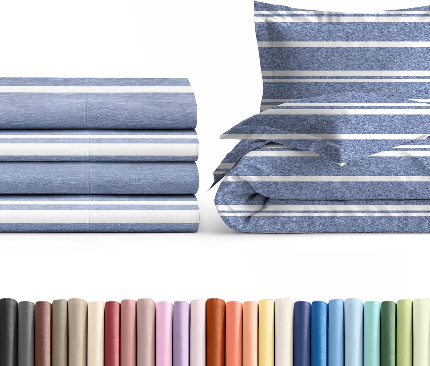 King Pillow Cases Set of 4 with Duvet Cover - Hotel Quality Pillowcase Covers - Comfy Luxury Bedding for Women, Men, Kids & Teens - Machine Washable Protectors - 4 Piece Set - King Size Blue Stripes