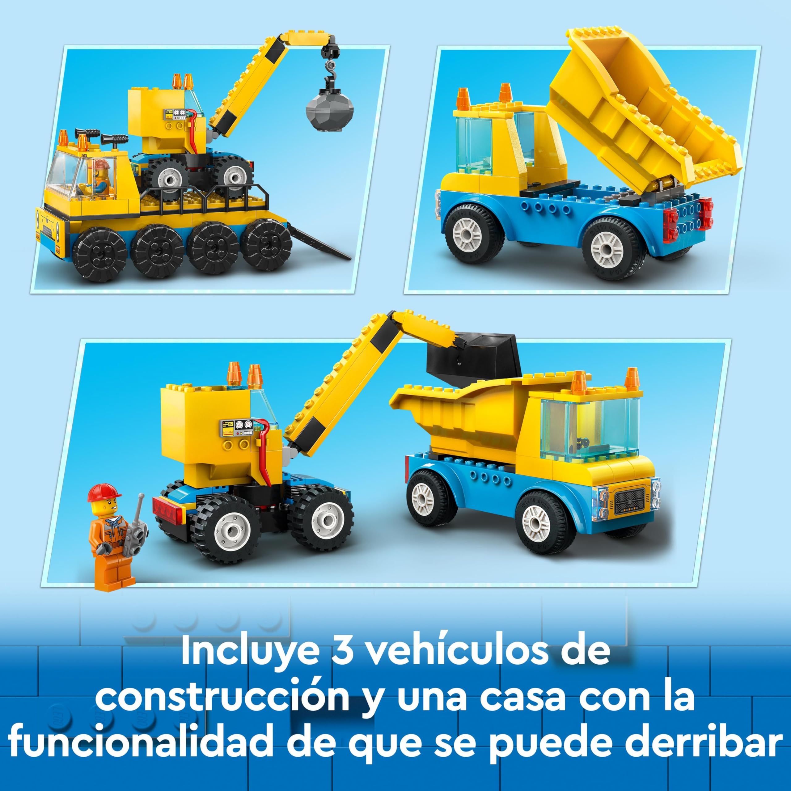 LEGO City Camiones de Construcción y Grúa con Bola de Demolición, Excavadora de Juguete, Camión Basculante y Vehículos de Transporte, Set de Aprendizaje para Niños y Niñas a Partir de 4 Años 60391