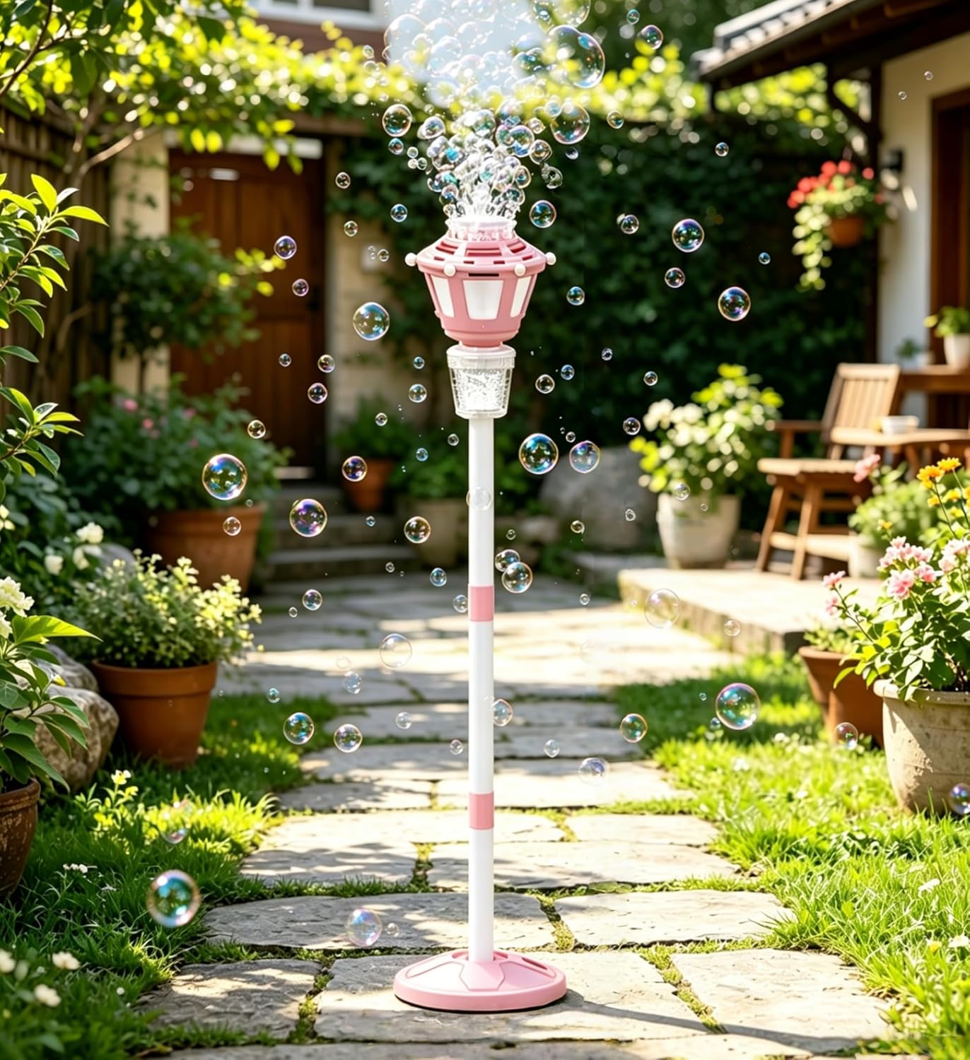 Automatic Bubble Machine with Lights, 2026 New Rechargeable Standing Bubble Maker Torch, Adjustable Height Bubble Light Tower for Outdoor Garden, Patio, Wedding, Party, Event Decor (Pink)