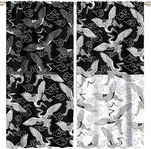 Cortinas de grúa de hadas, color negro y blanco, estilo japonés, rompecabezas de grúa de hadas, para dormitorio, bolsillo para barra, cortinas