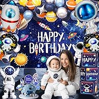 Vista 4 de Outer Space Theme Birthday Party Decorations - Galaxy Party Supplies : Happy Birthday Backdrop, Tablecloth, Rocket ，Astronaut Balloons and