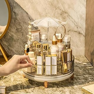 شنطة مكياج اكريليك - منظم مستحضرات تجميل عملي بتصميم مظلة فريد، يوفر ميزة دوران 360 درجة لسهولة الاختيار والتخزين لمختلف عناصر وأدوات التجميل