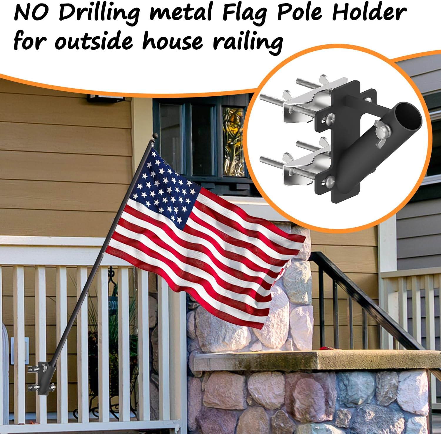 FlagPole Holder,No Drilling Metal Flagpole mount for Railings, Horizontal or vertical railing suitable for outdoor or balcony, 1-inch inner diameter (Black)