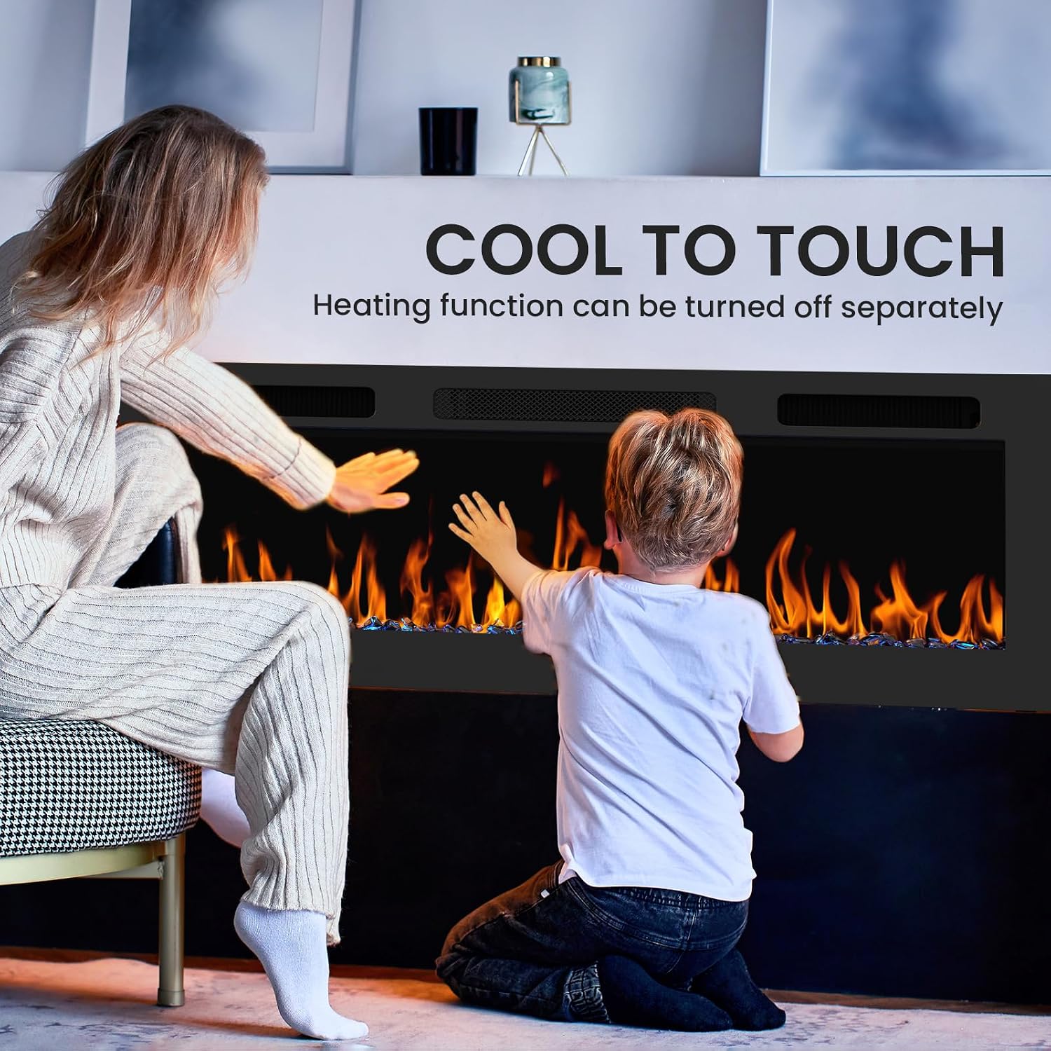Image showing a child and adult safely touching the fireplace glass, indicating cool-to-touch feature