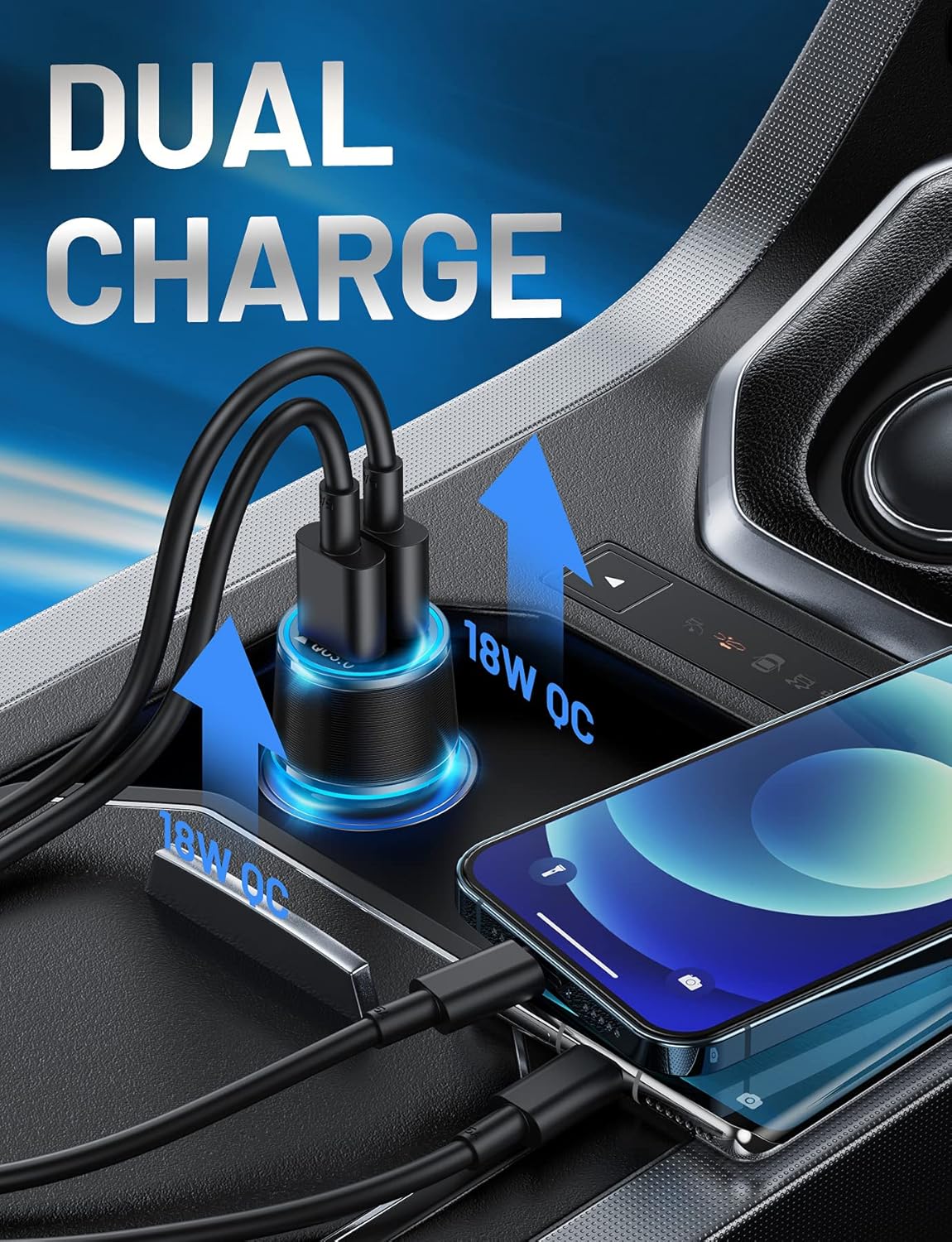 USB Car Charger 36W 2 Port Quick Charging Double Aperture Blue Light & QC 3.0 Dual Port Smart Fast Car Charger USB Car Adapter for iPhone, Samsung, Motorola, LG : Cell Phones & Accessories