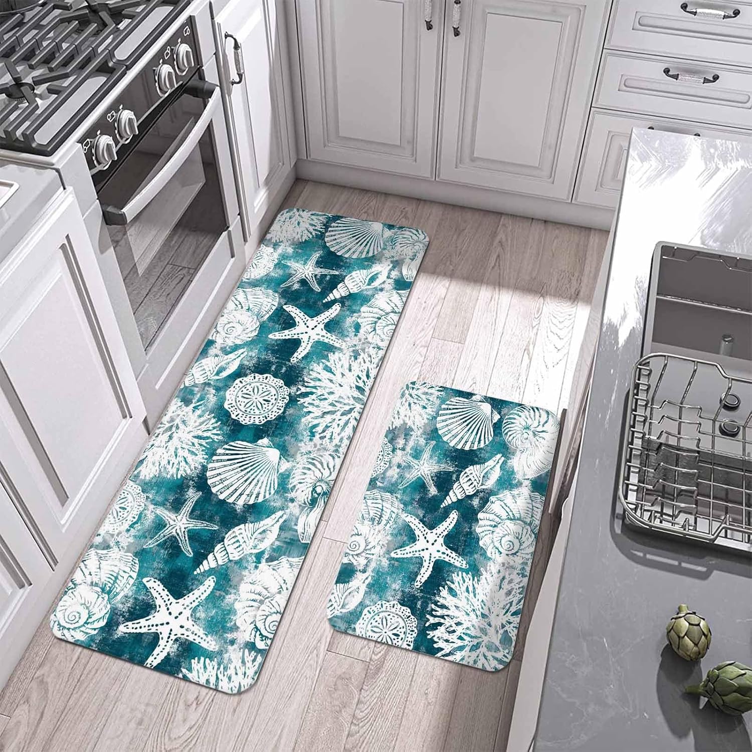 Prime Leader Marine Life Kitchen Mat Set 2 Pieces Brown White Sea Starfish Shells Conch Teal Non Slip Kitchen Rugs Washable Runner Rug Mats for Floor Sink Laundry Office 15.7" x 23.6"+15.7" x 47.2"
